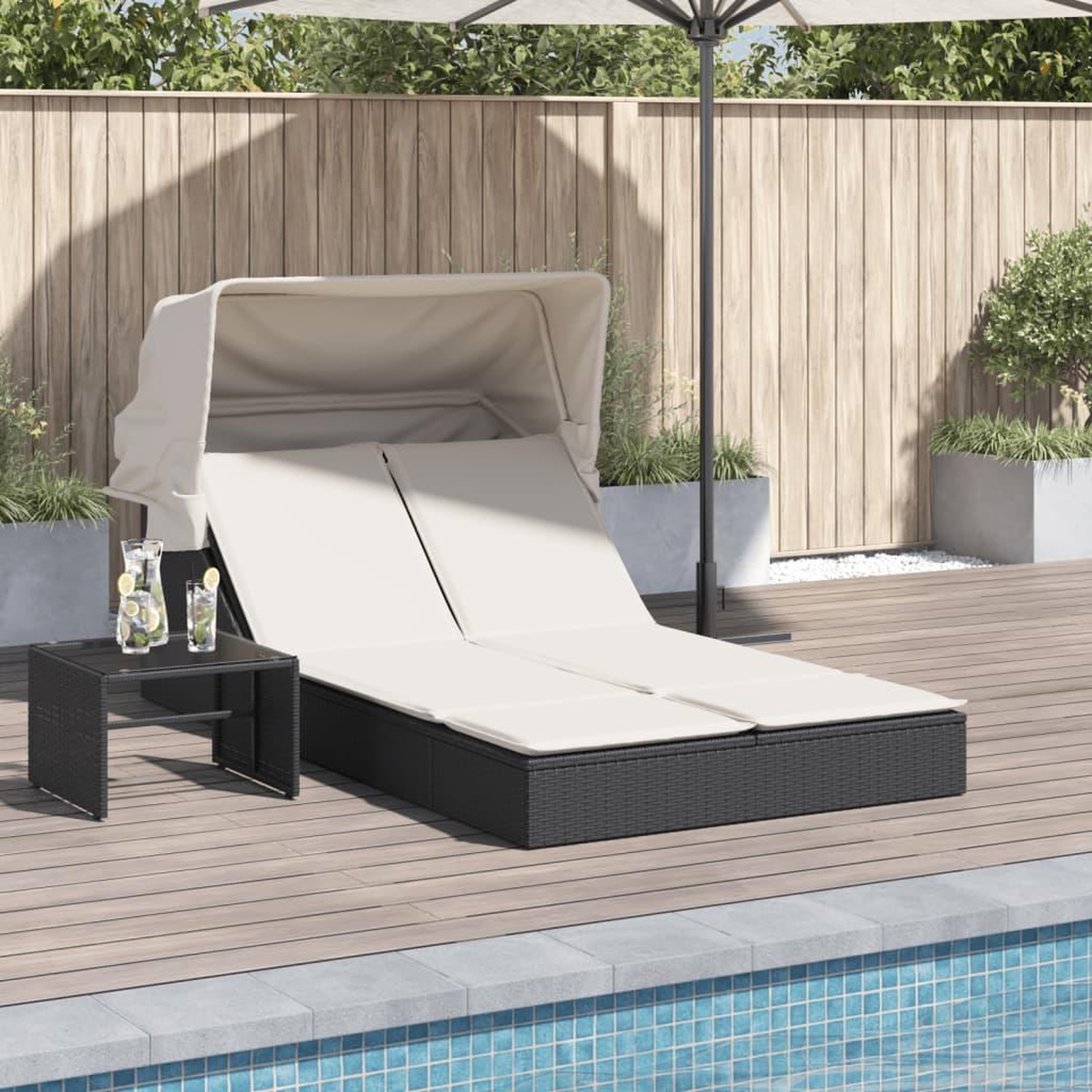 VIDAXL Chaise longue double et auvent et coussins noir resine tressee