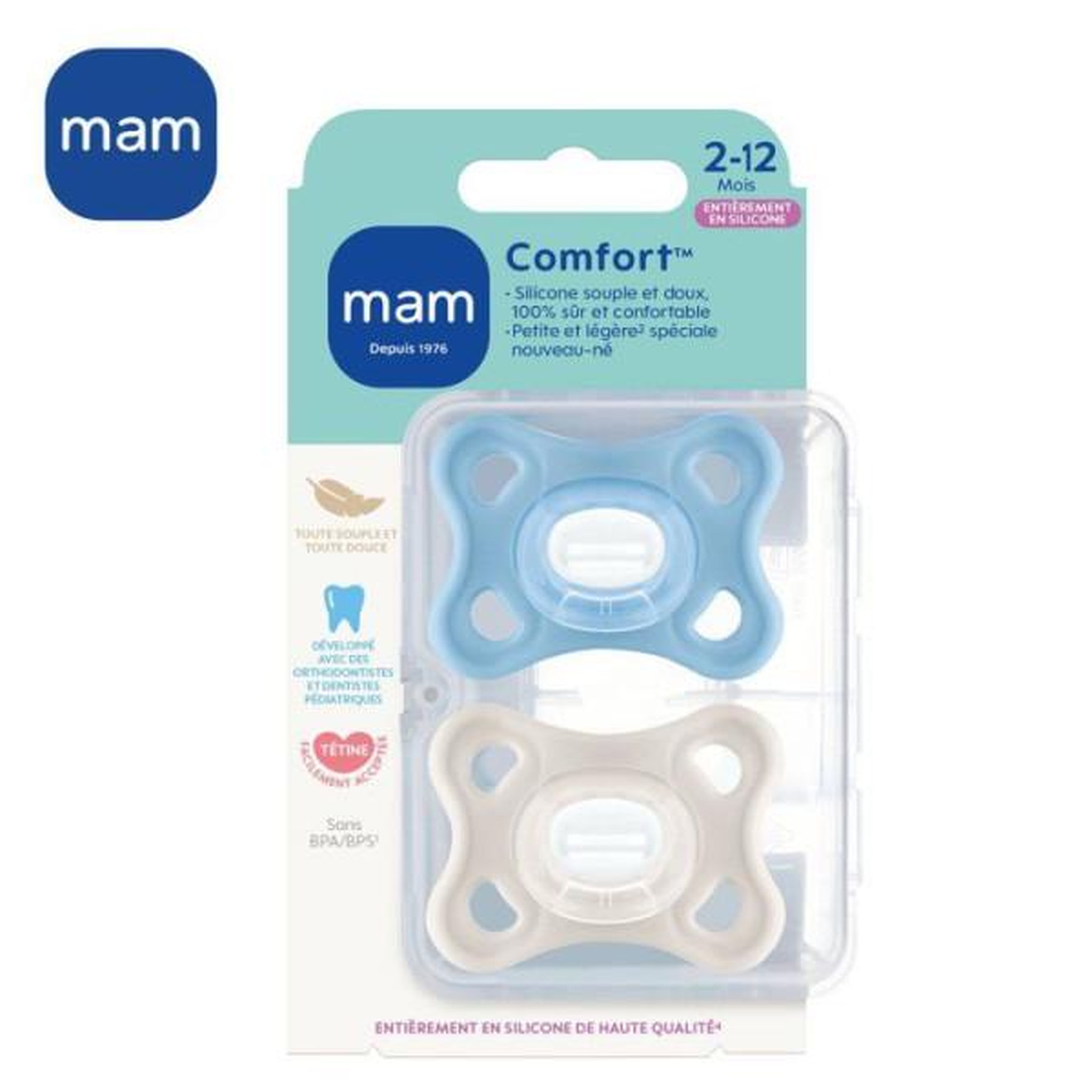 Voir la diapositive 3 : MAM Sucette - MAM - Comfort - Silicone - 2-12 mois - Boîte stérilisation x2