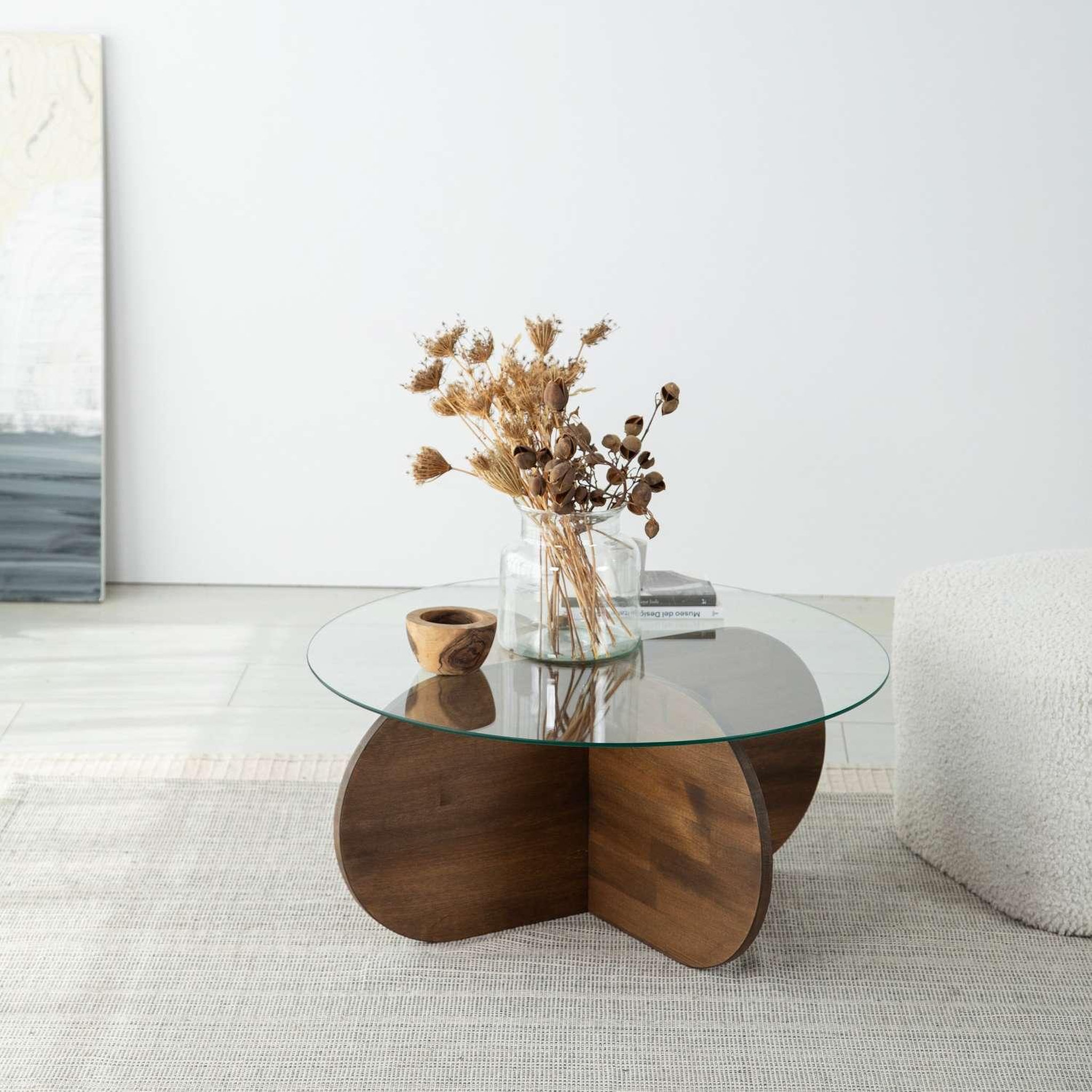 Voir la diapositive 4 : TOILINUX Table basse ronde luminix en verre et bois massif - marron foncé