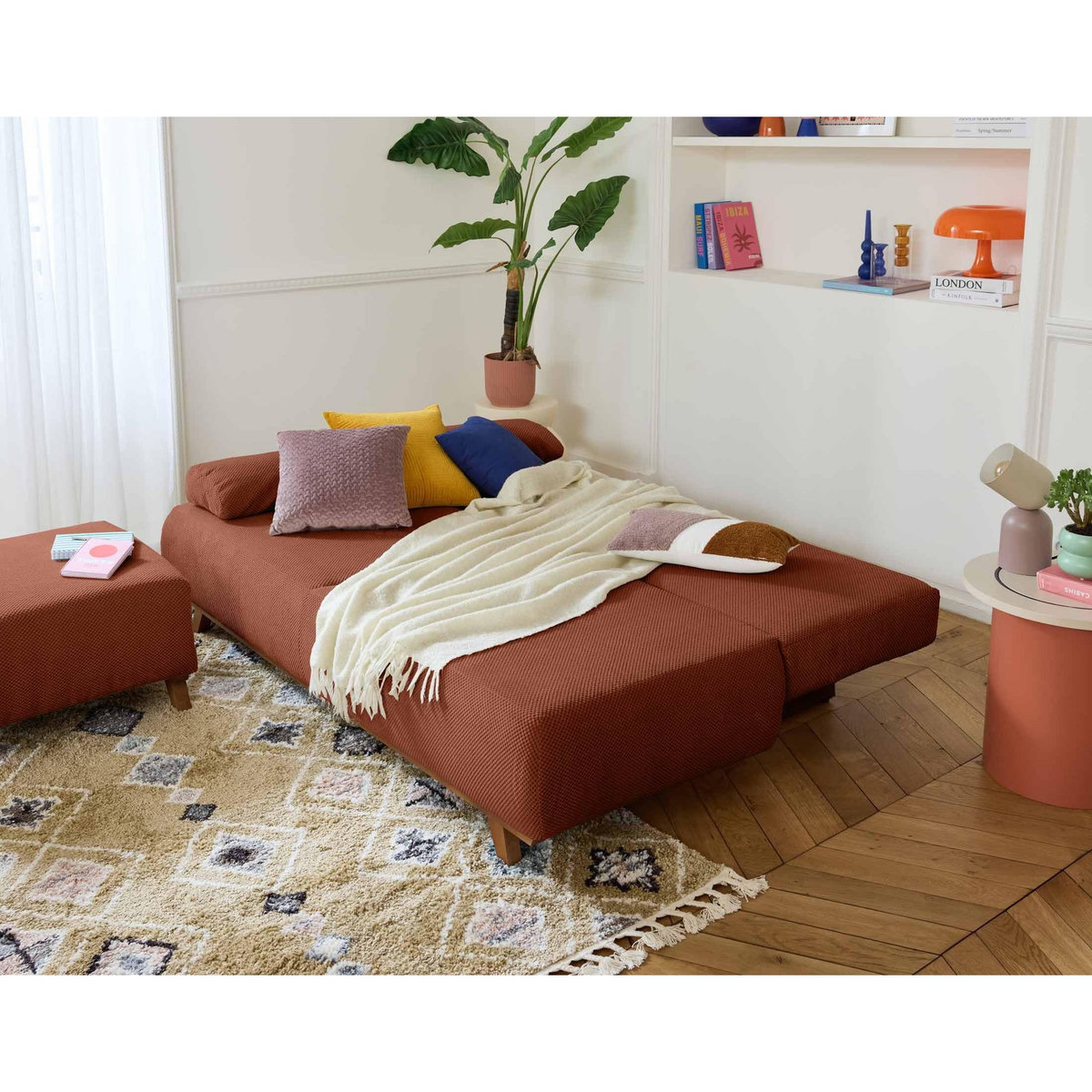 BEST MOBILIER Cristal - canapé 3 places - convertible avec coffre et pouf - en velours texturé