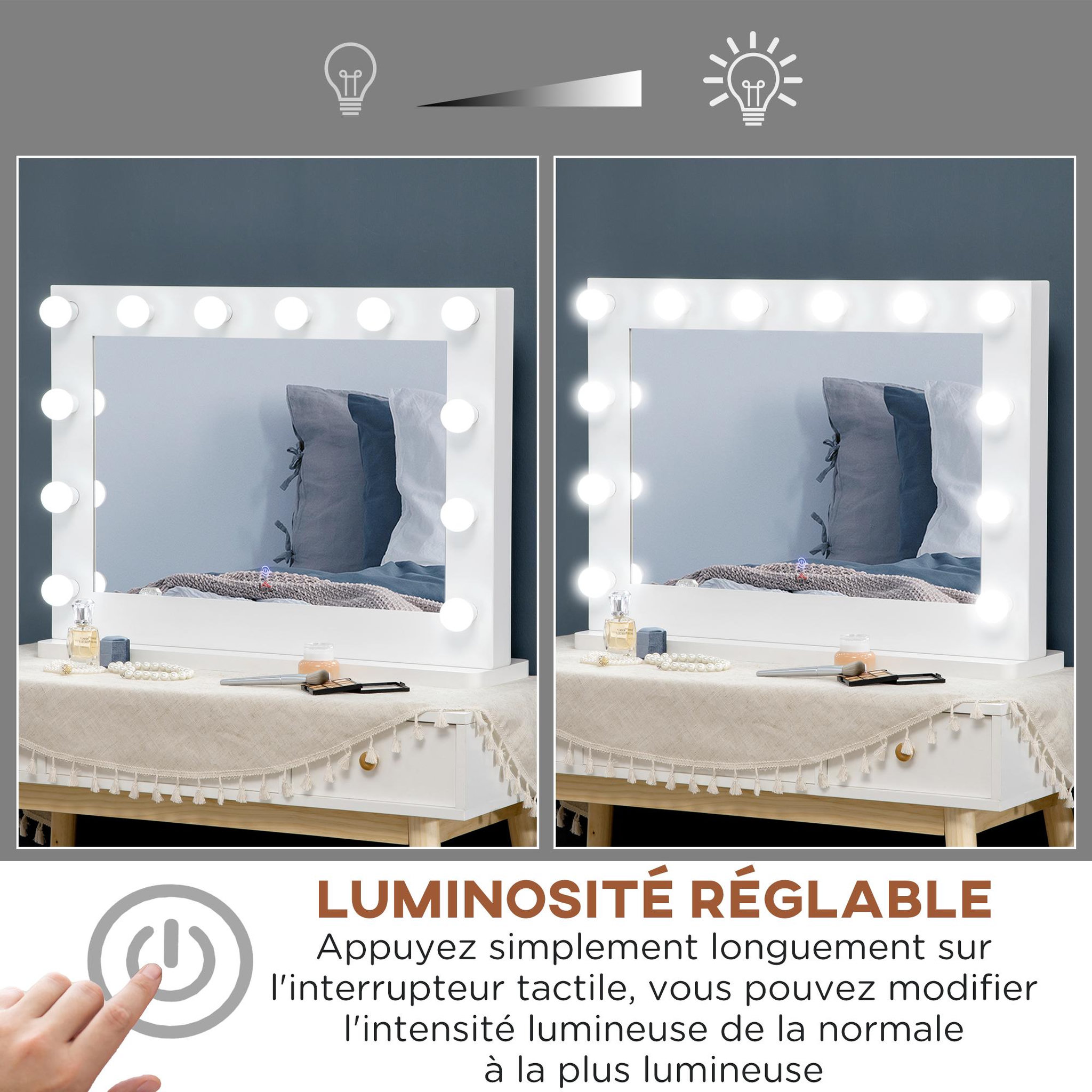 Voir la diapositive 5 : HOMCOM Miroir maquillage hollywood lumineux led tactile - 12 led, luminosité réglable, fonction mémoire - métal mdf blanc verre