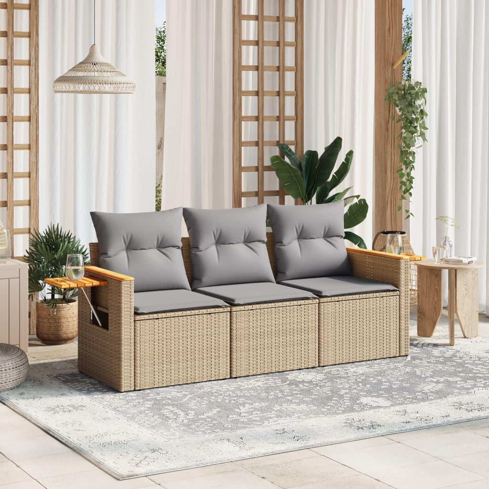 VIDAXL Salon de jardin avec coussins 3 pcs beige resine tressee