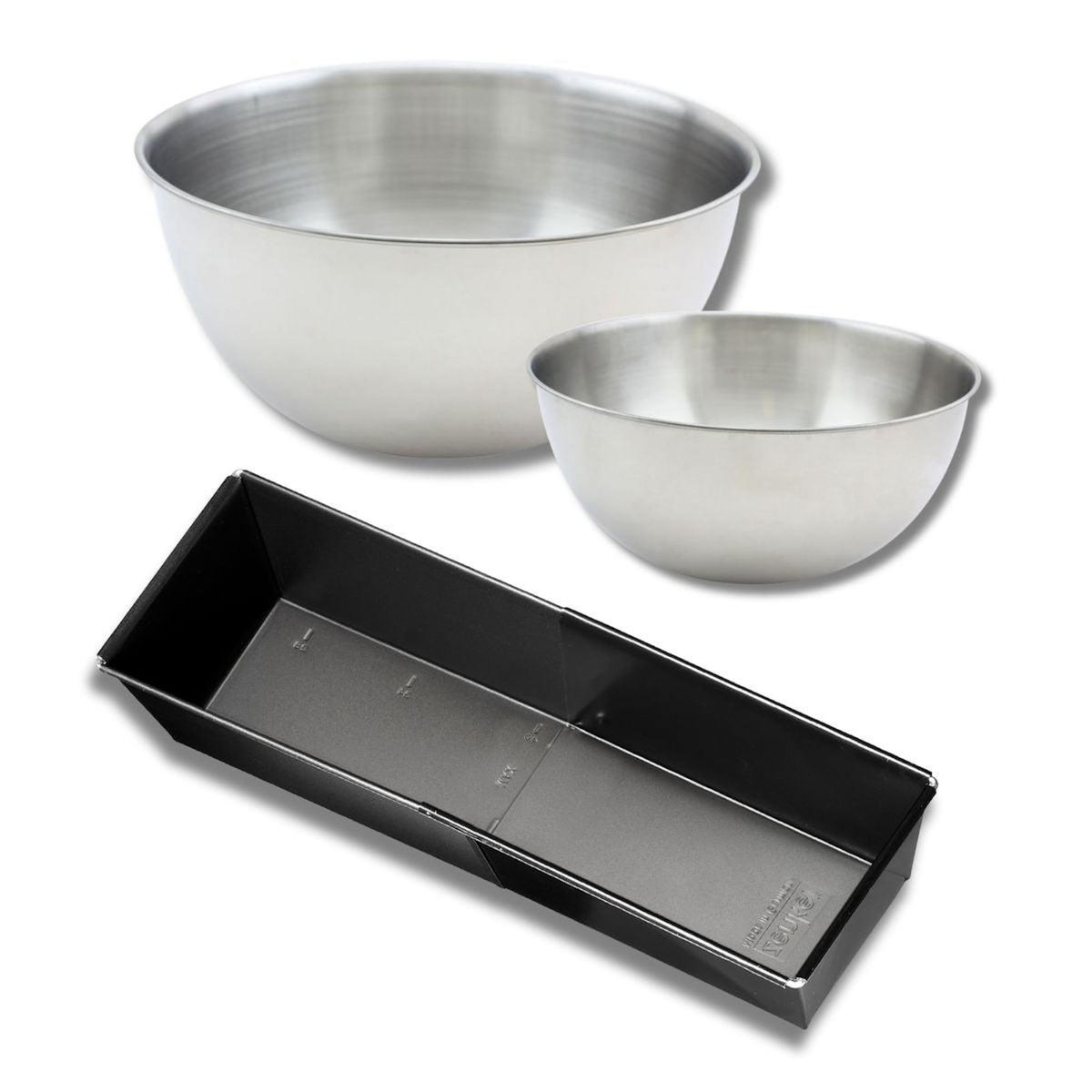 ZENKER Lot avec 1 moule à cake de 28 à 40 cm, 1 spatule Zenker et 2 bols à mixer en inox Fackelmann
