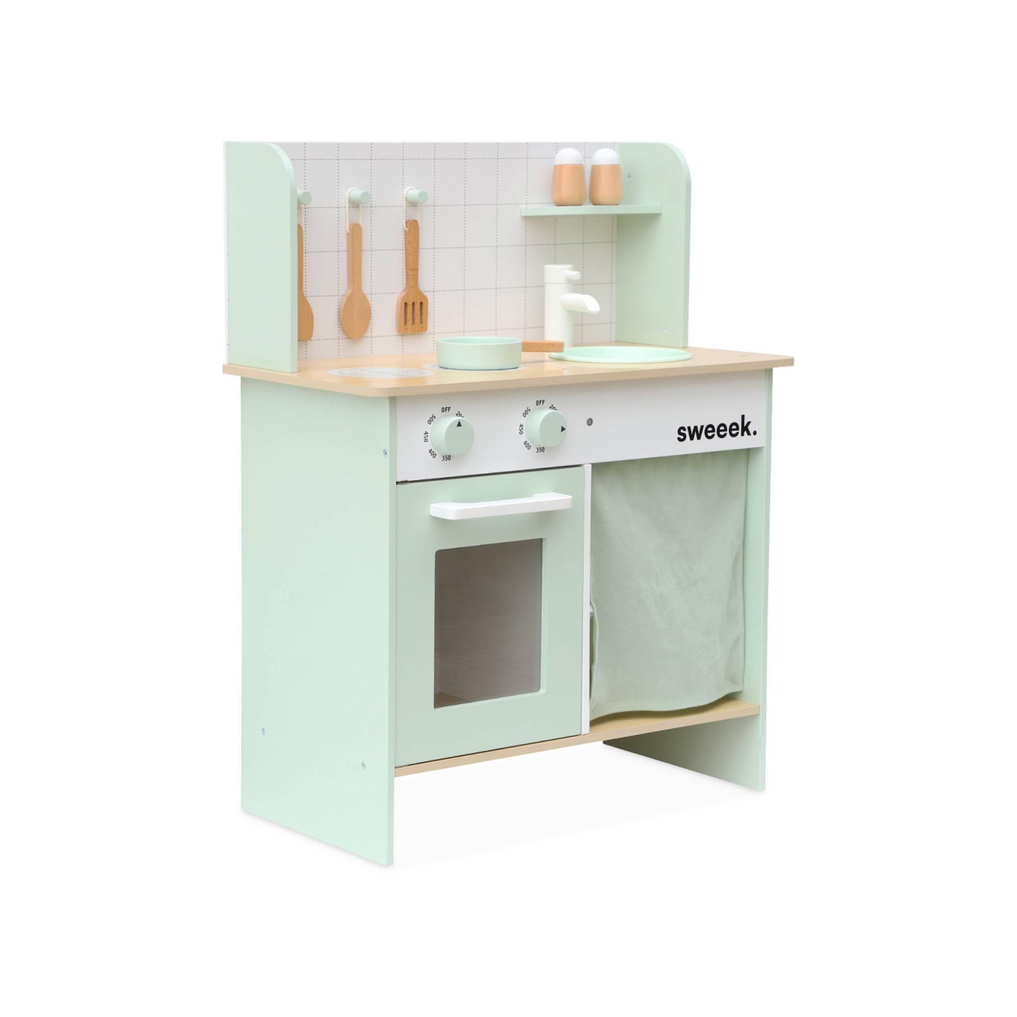 Voir la diapositive 1 : SWEEEK Cuisine en bois vert céladon cocotte pour enfant avec accessoires