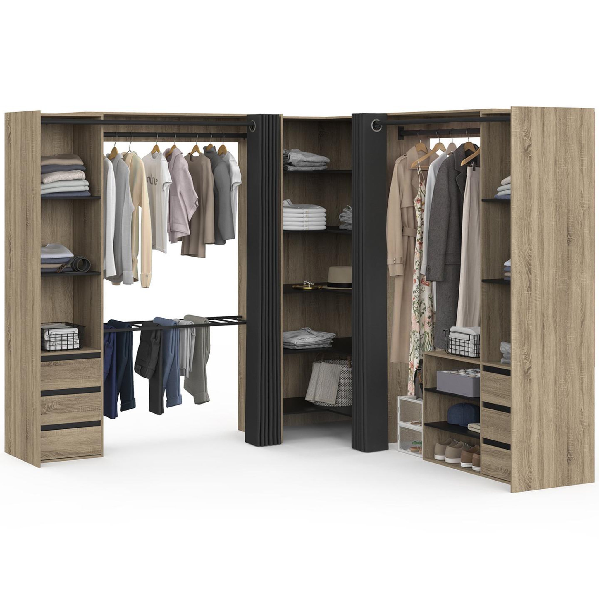 ID MARKET Dressing extensible d'angle marlon 220 x 220 x 180 cm hêtre avec penderies + porte pantalon + étagères + tiroirs + rideaux noirs