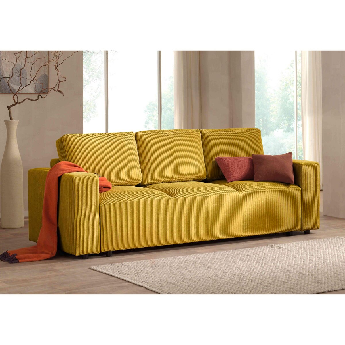 LISA DESIGN Livy - canapé droit convertible - avec coffre - en velours côtelé - 3 places