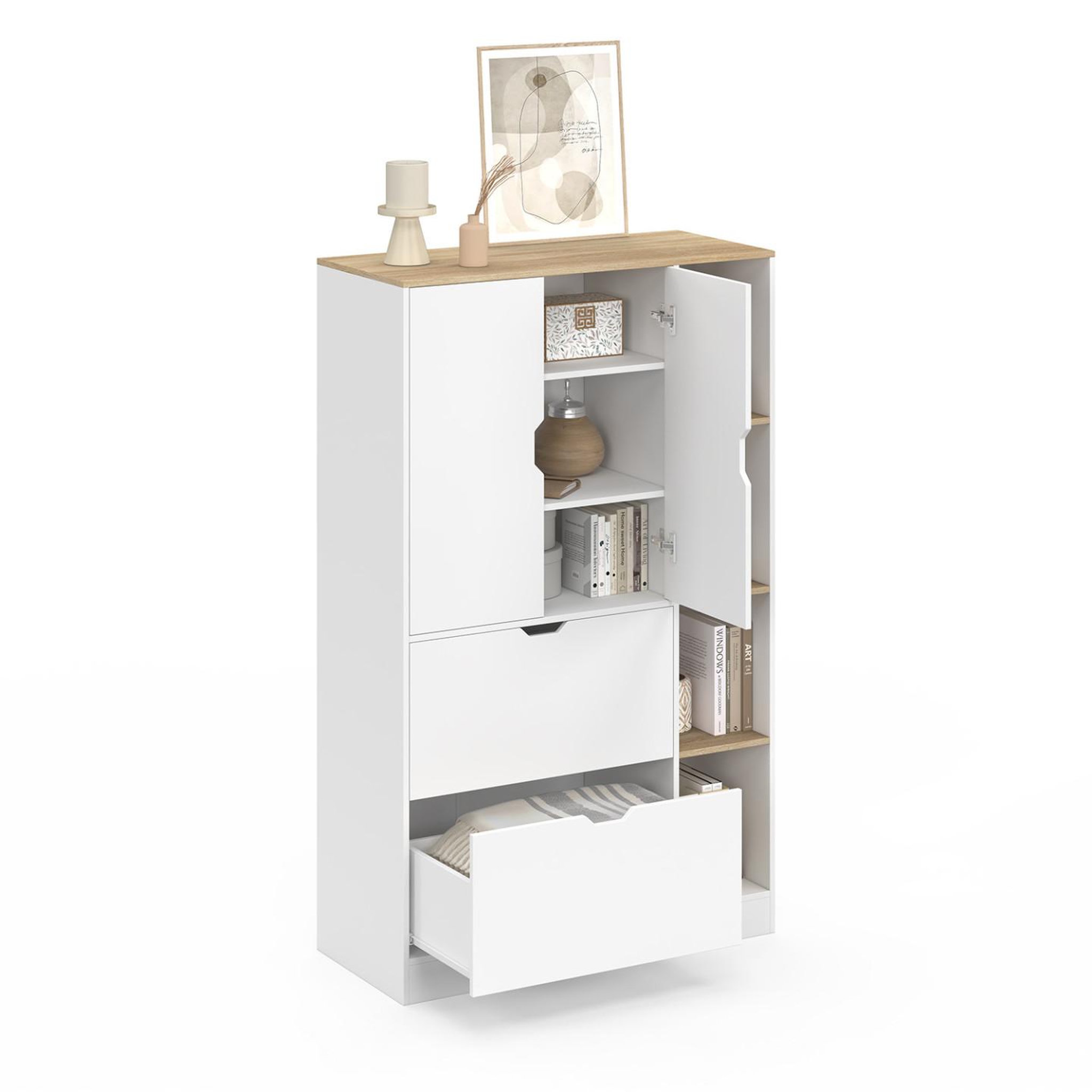 Voir la diapositive 4 : ID MARKET Meuble de rangement l. 80 cm nouk pour bureau, chambre, entrée avec 3 portes et 2 tiroirs blanc et bois