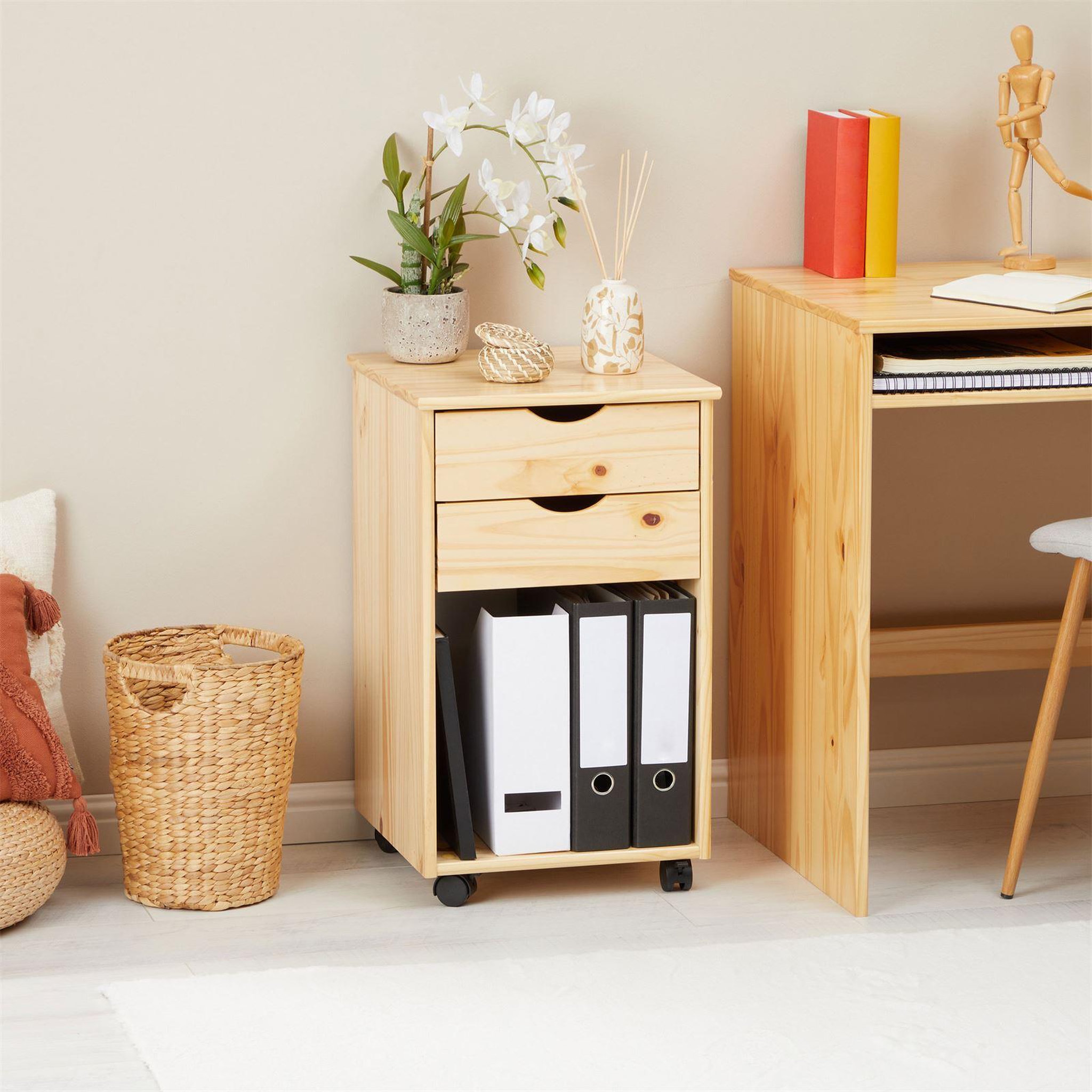 Voir la diapositive 2 : IDIMEX Caisson de bureau sur roulettes KANO, avec 2 tiroirs, en pin massif