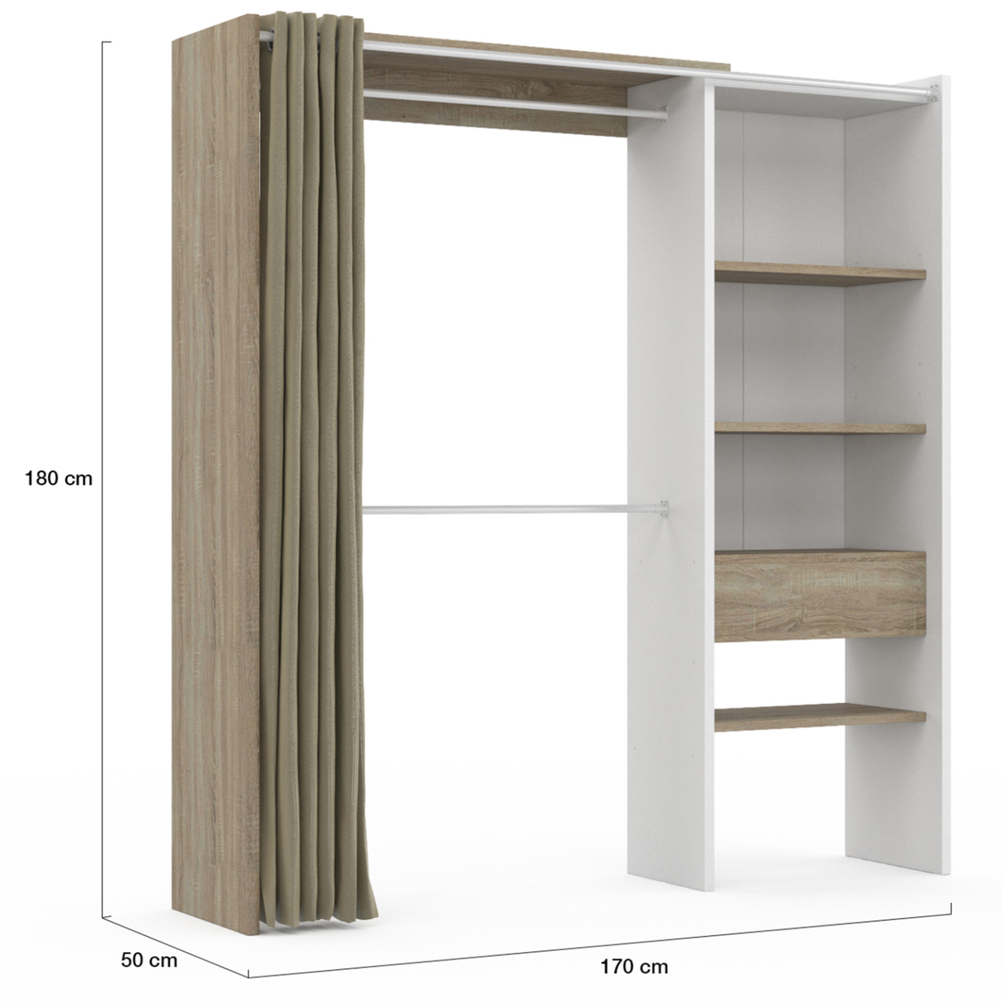 Voir la diapositive 4 : ID MARKET Dressing extensible marty 120/170 x 50 x 180 cm blanc avec étagères hêtre + double penderie + rideau taupe