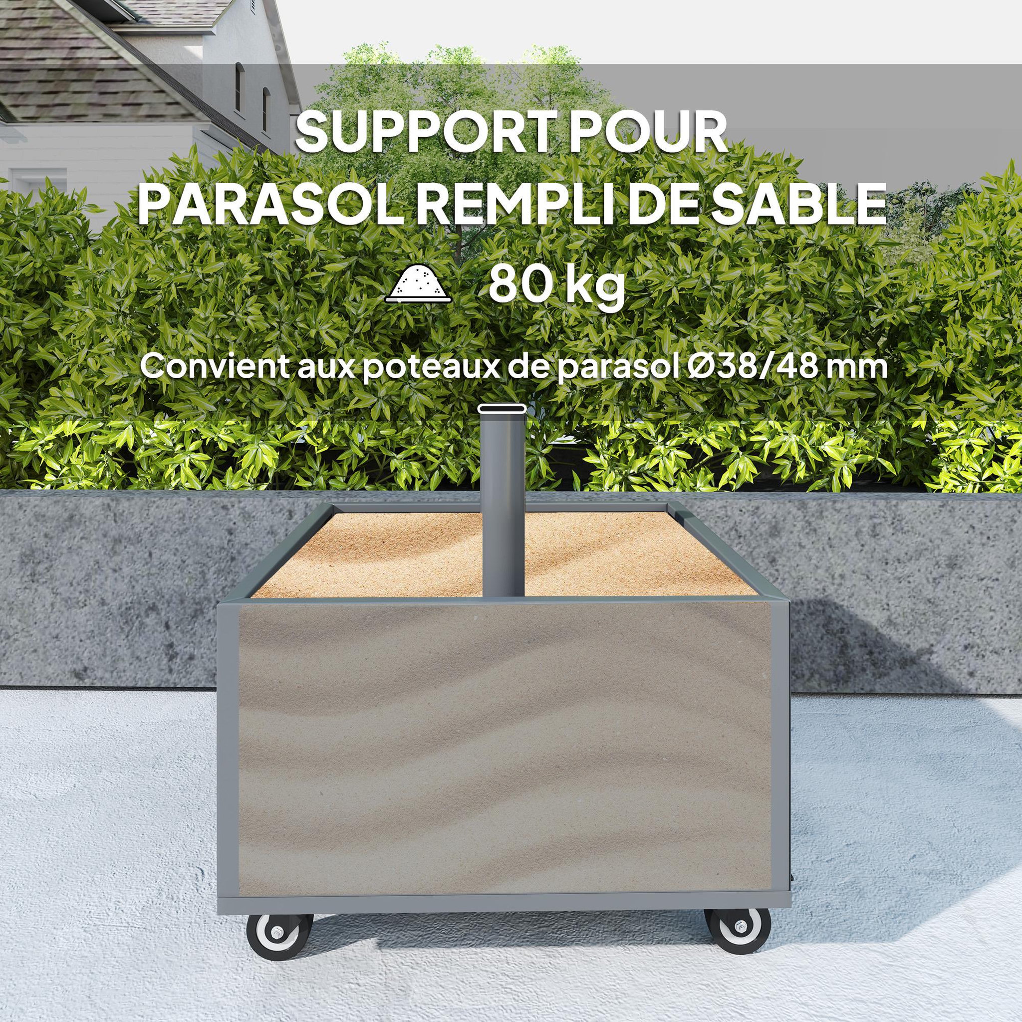 Voir la diapositive 5 : OUTSUNNY Pied de parasol carré jardinière 2 en 1 - 4 roues 2 freins - 50 x 50 x 46 cm - métal galvanisé gris