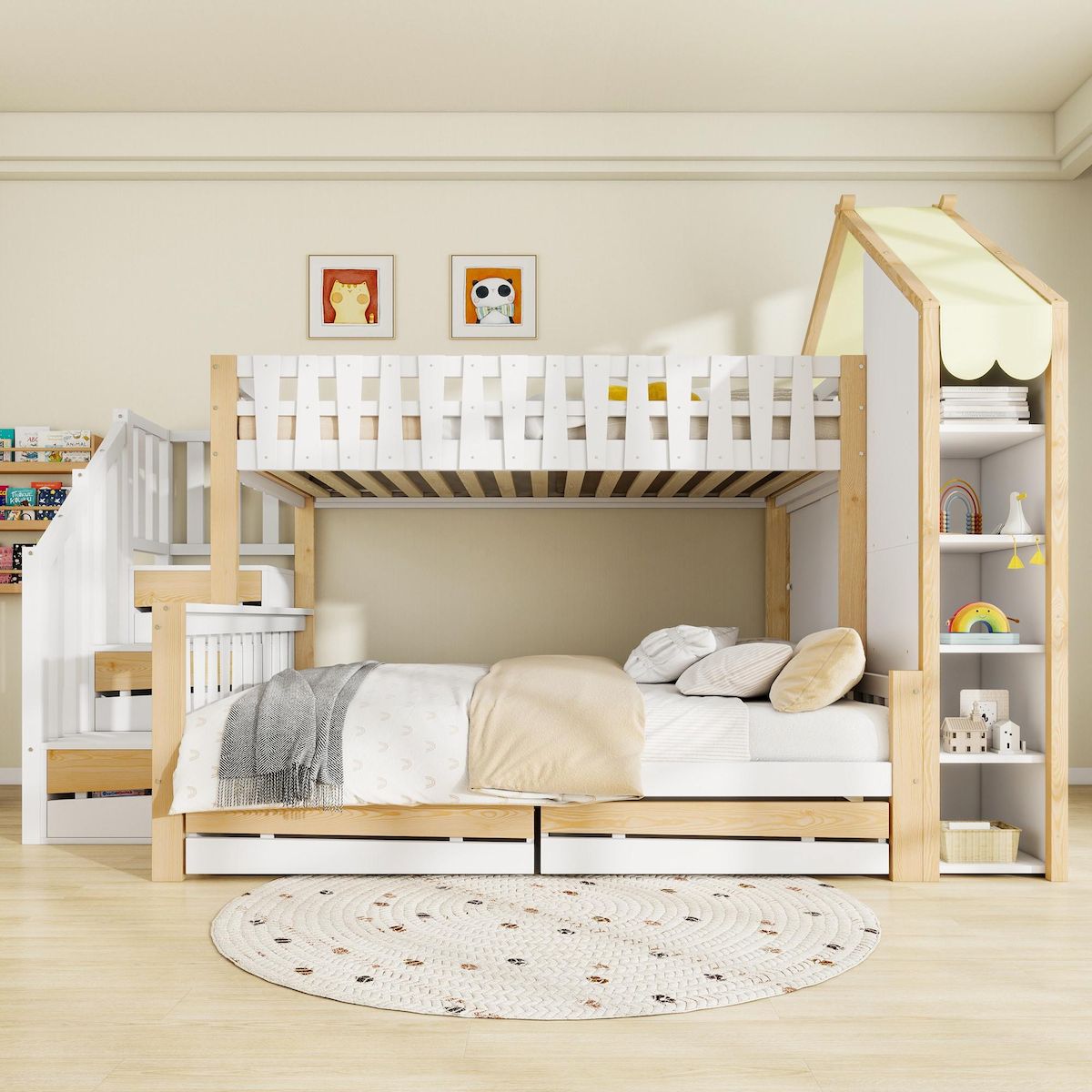 MERAX Lit superposé 140x200(90x200)cm coloris blanc+naturel pin