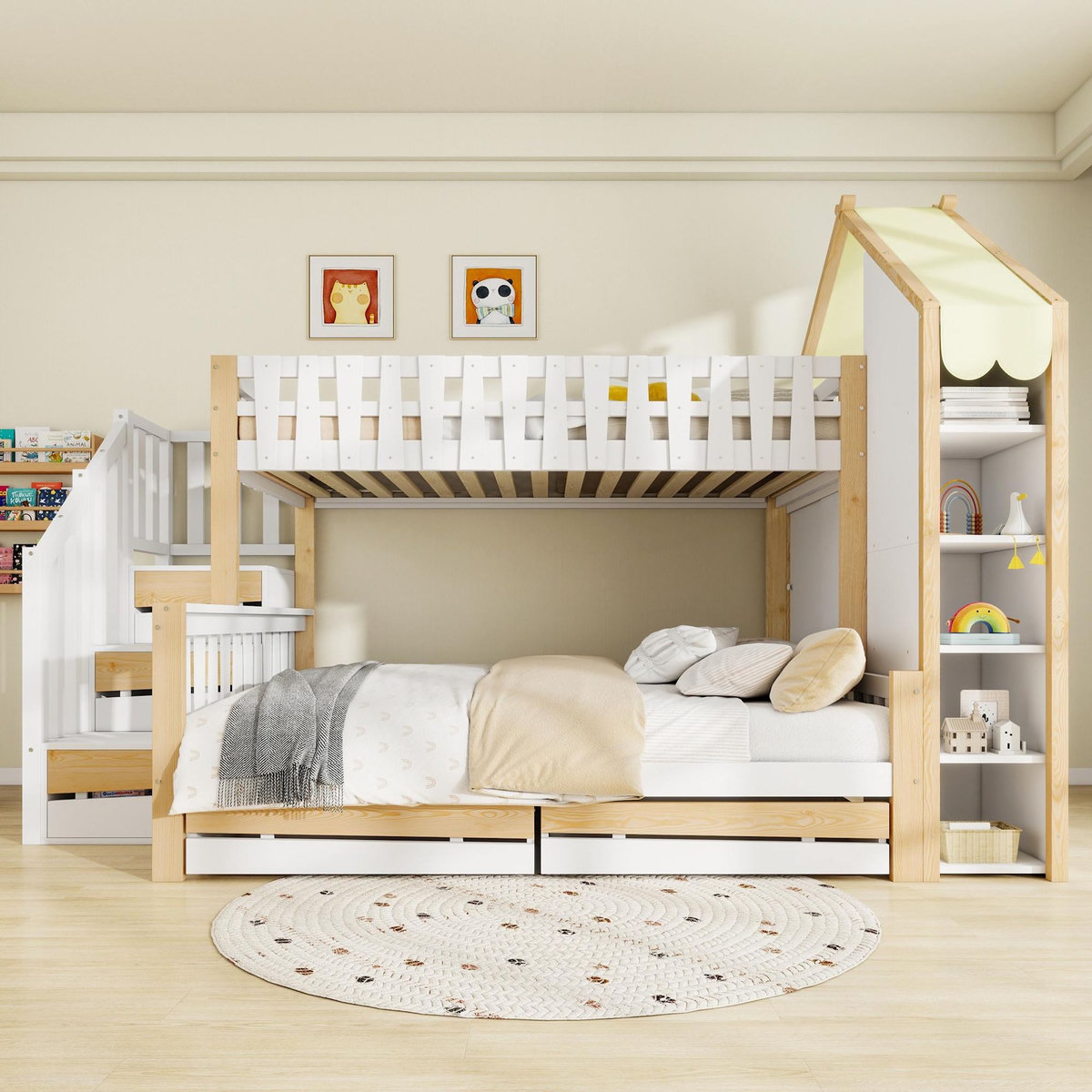 MERAX Lit superposé 140x200(90x200)cm coloris blanc+naturel pin