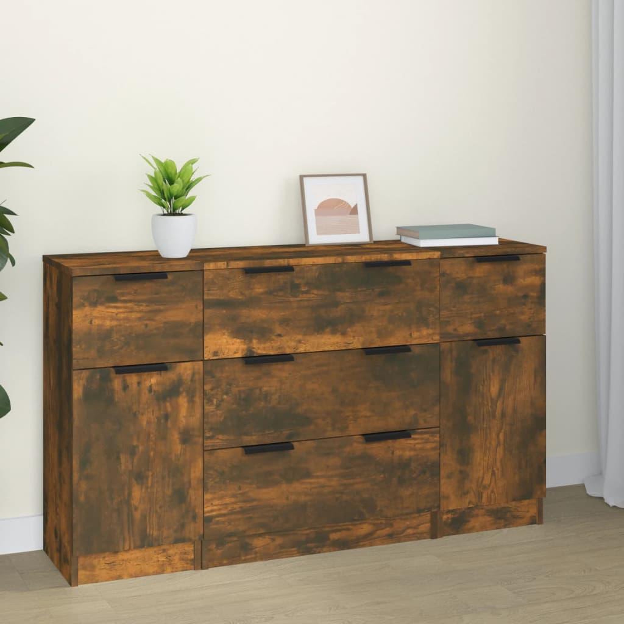 Voir la diapositive 1 : VIDAXL Ensemble de buffets 3 pcs chene fume bois d'ingenierie