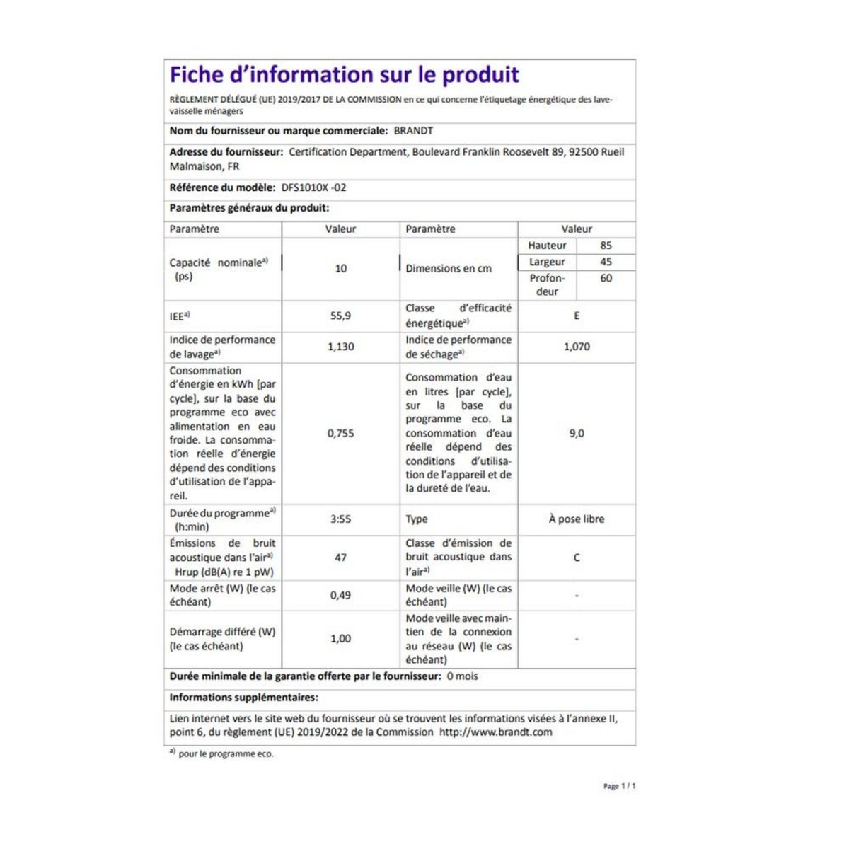 BRANDT Lave-vaisselle 45cm 10 couverts 47db inox - dfs1010x