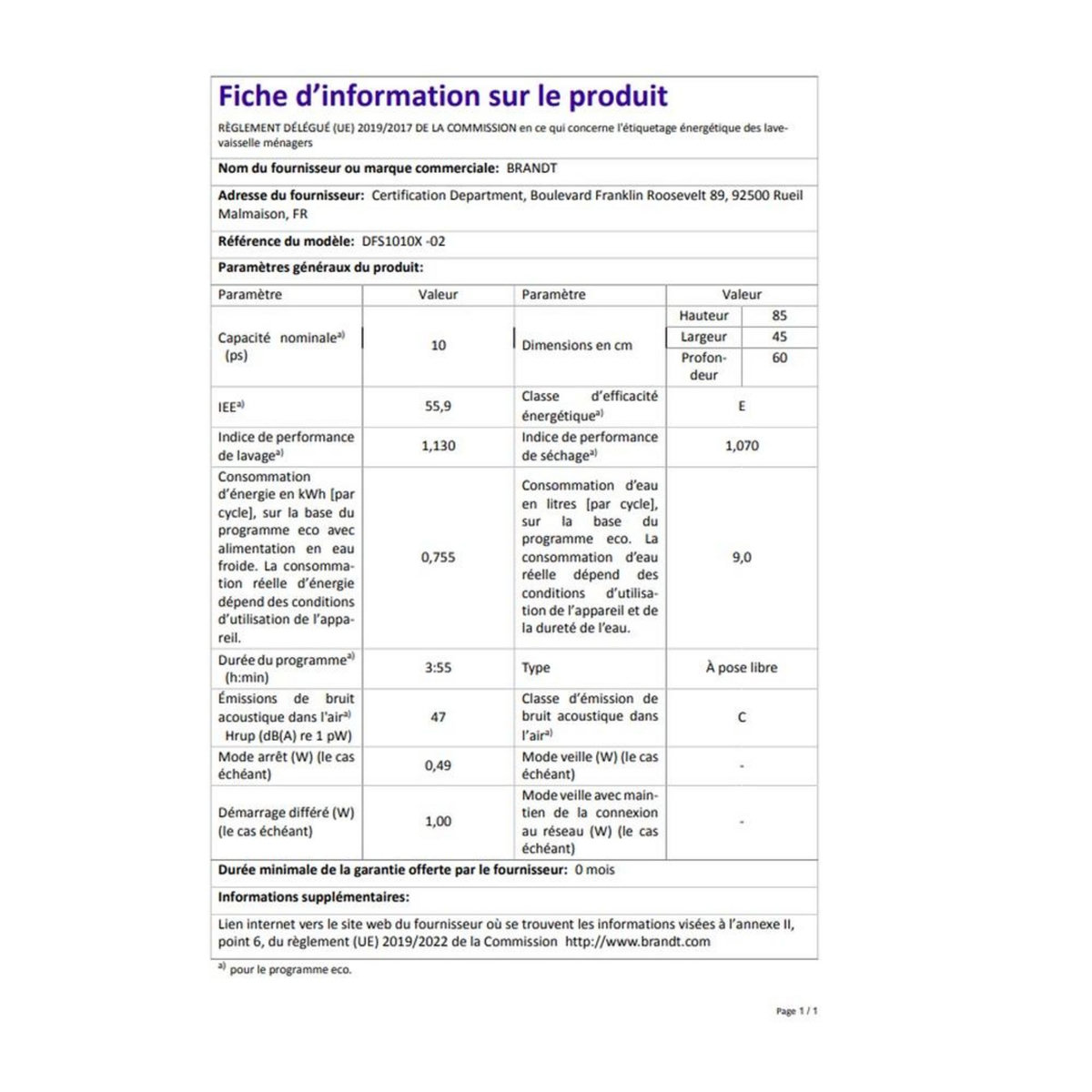 BRANDT Lave-vaisselle 45cm 10 couverts 47db inox - dfs1010x