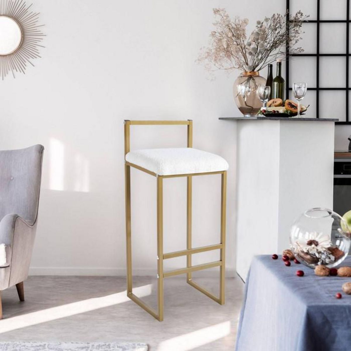 Paris Prix Tabouret de Bar Bouclette  Dakota  80cm Crème & Or