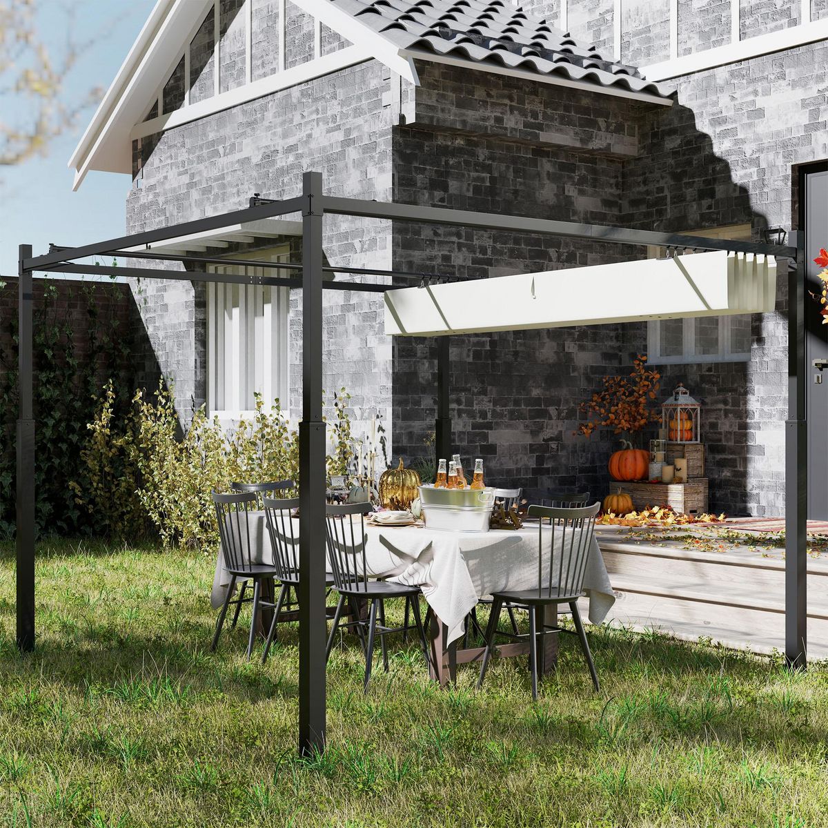 OUTSUNNY Pergola rétractable 3 x 3 m acier époxy noir polyester haute densité 180 g/m² UPF30+ crème