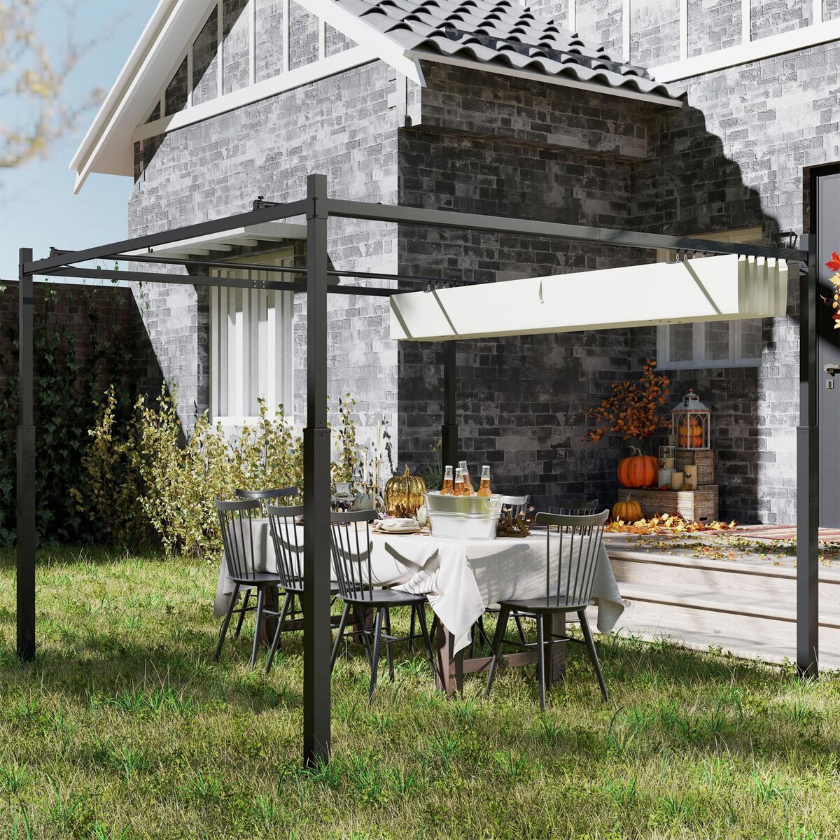 OUTSUNNY Pergola rétractable 3 x 3 m acier époxy noir polyester haute densité 180 g/m² UPF30+ crème