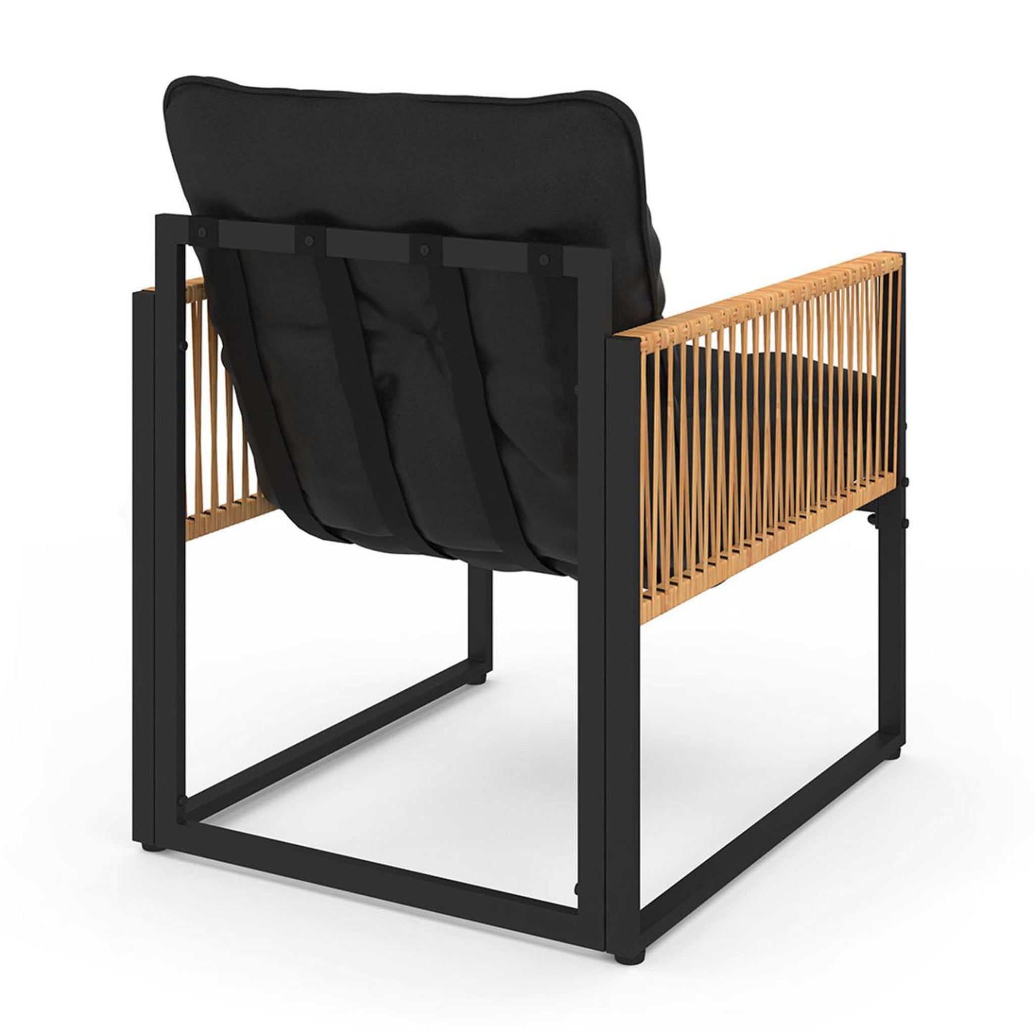 Voir la diapositive 5 : ID MARKET Salon de jardin bas rio 4 places structure métal noir, cordage effet rotin clair et coussins noirs