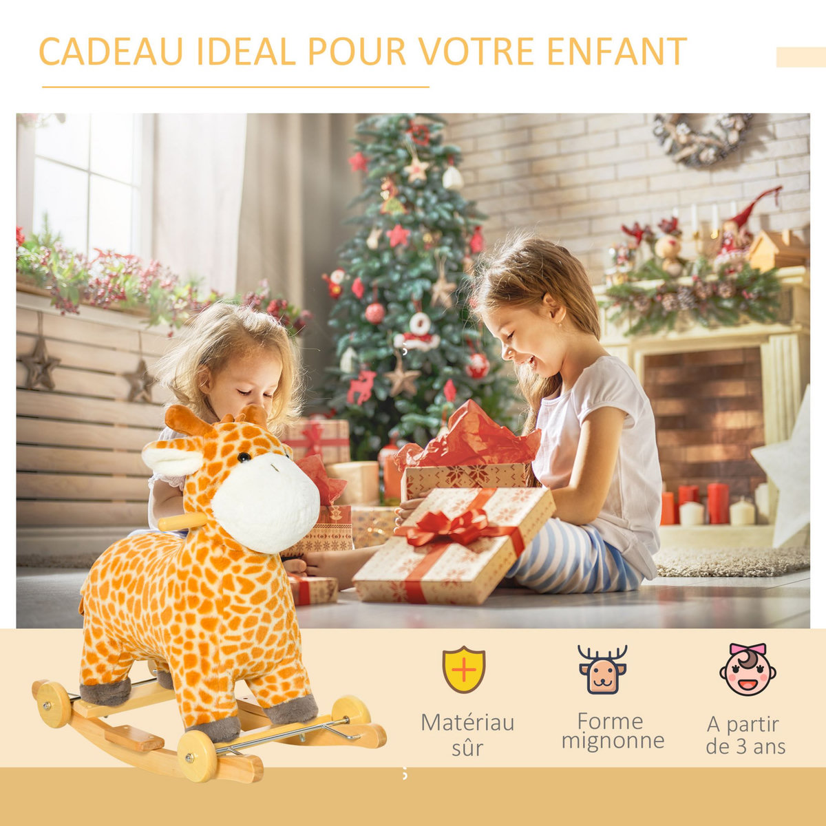 HOMCOM Jouet à bascule girafe et porteur sur roulettes 2 en 1 fonction sonore mugissement  bois peuplier peluche courte polyester tacheté