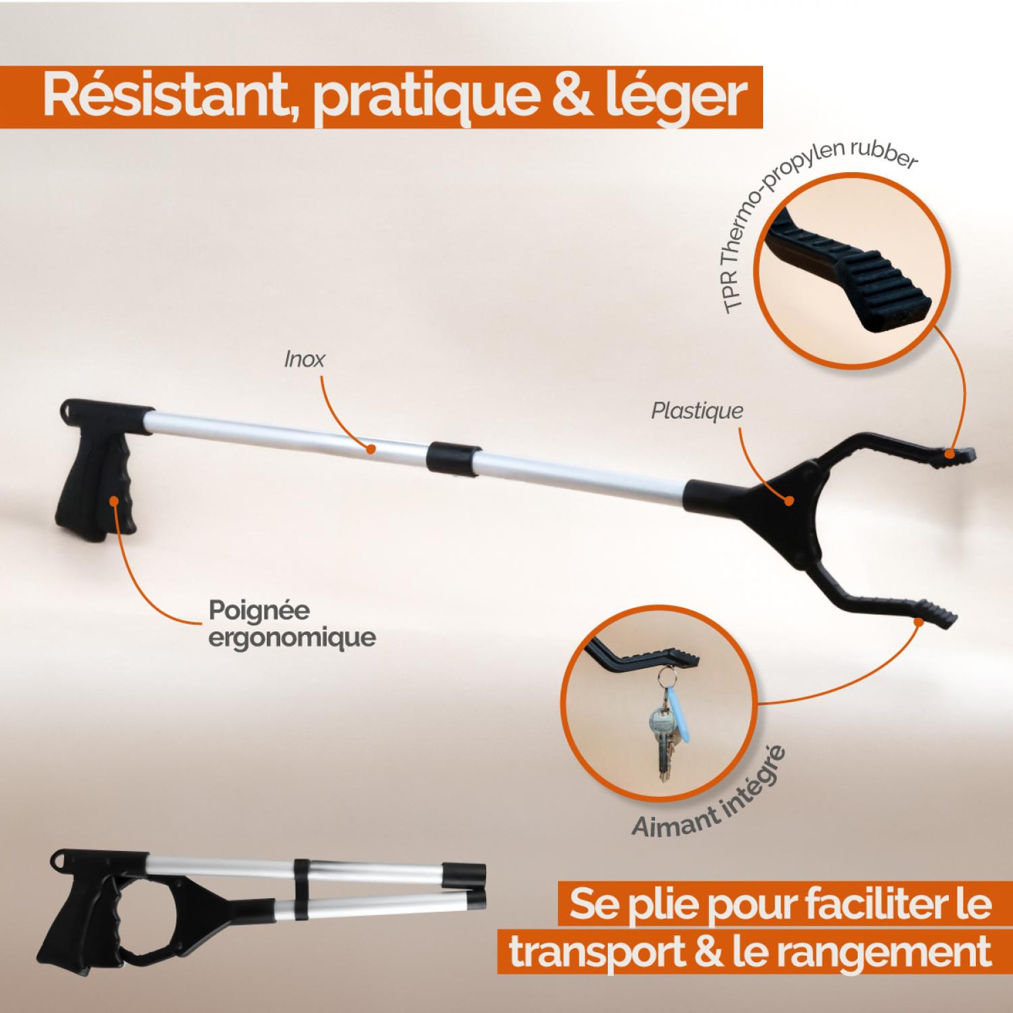 Voir la diapositive 3 : LINXOR Pince à déchets, ramasse objets, avec embouts magnétiques - Pliable - Noir