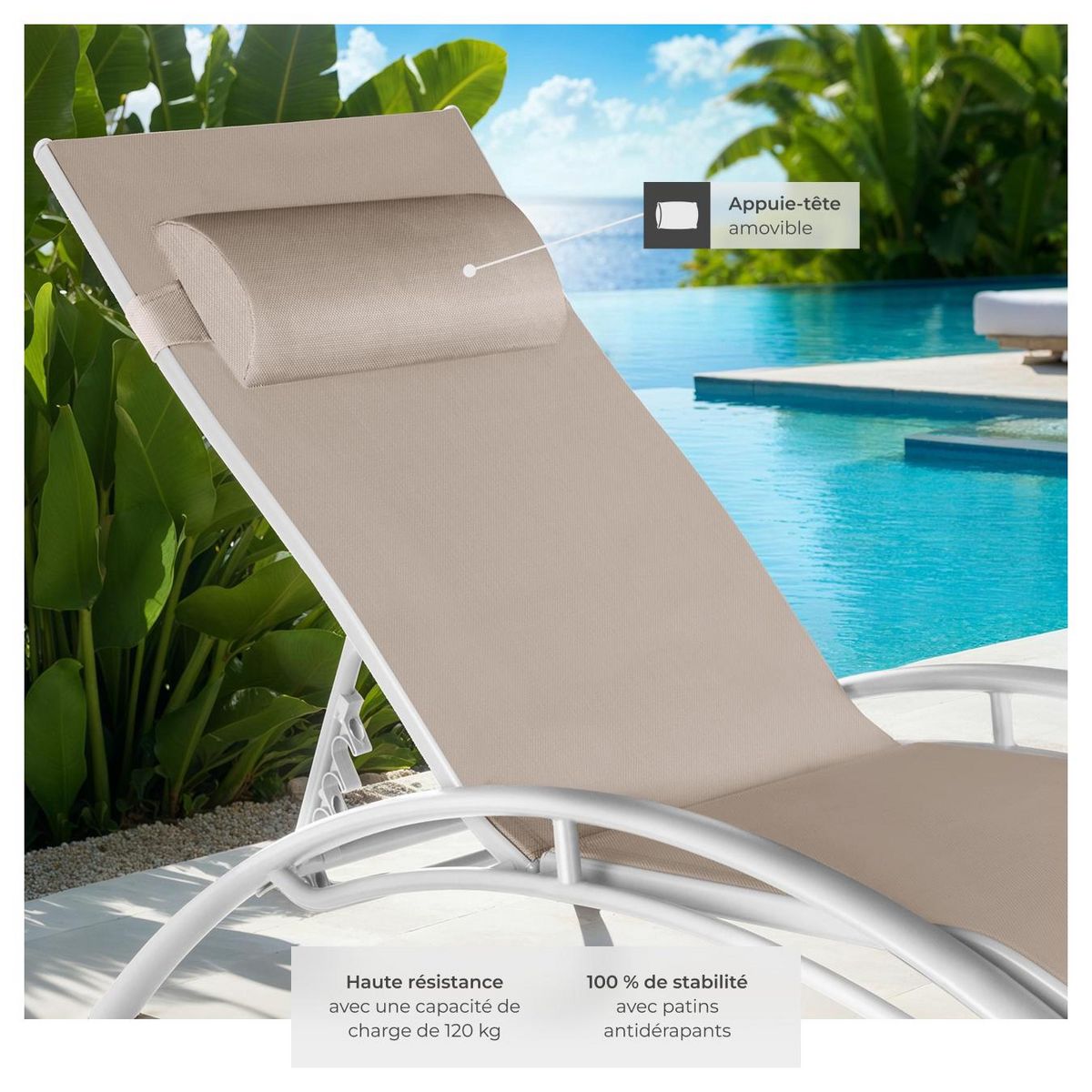 tectake Lot de 2 transats de jardin en acier avec assise en textilène beige