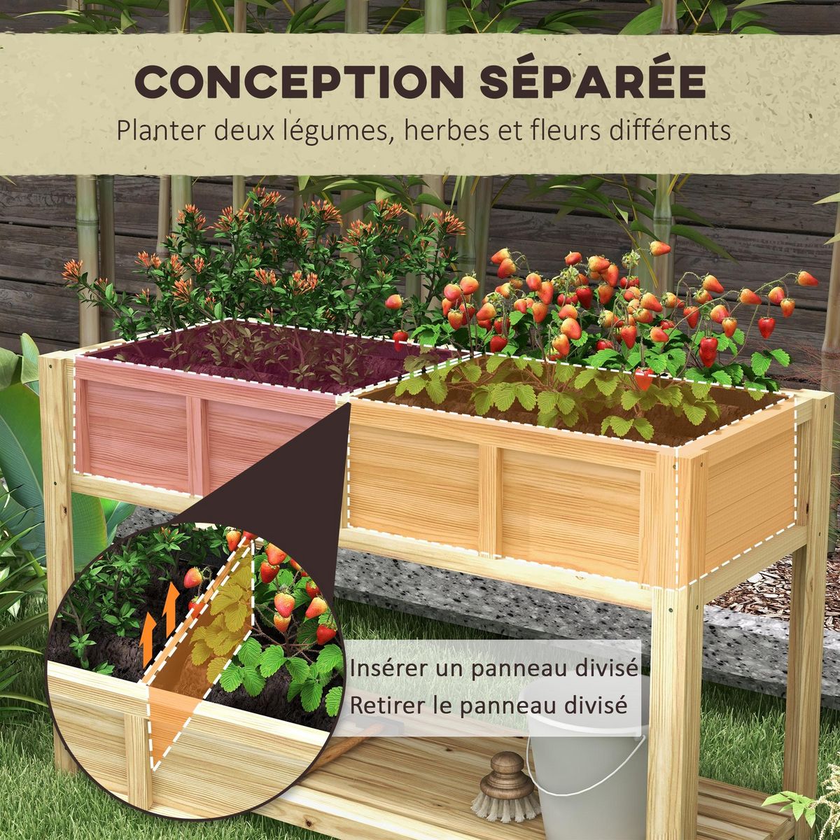 OUTSUNNY Jardinière sur pied - séparateur amovible, étagère - bois sapin autoclave
