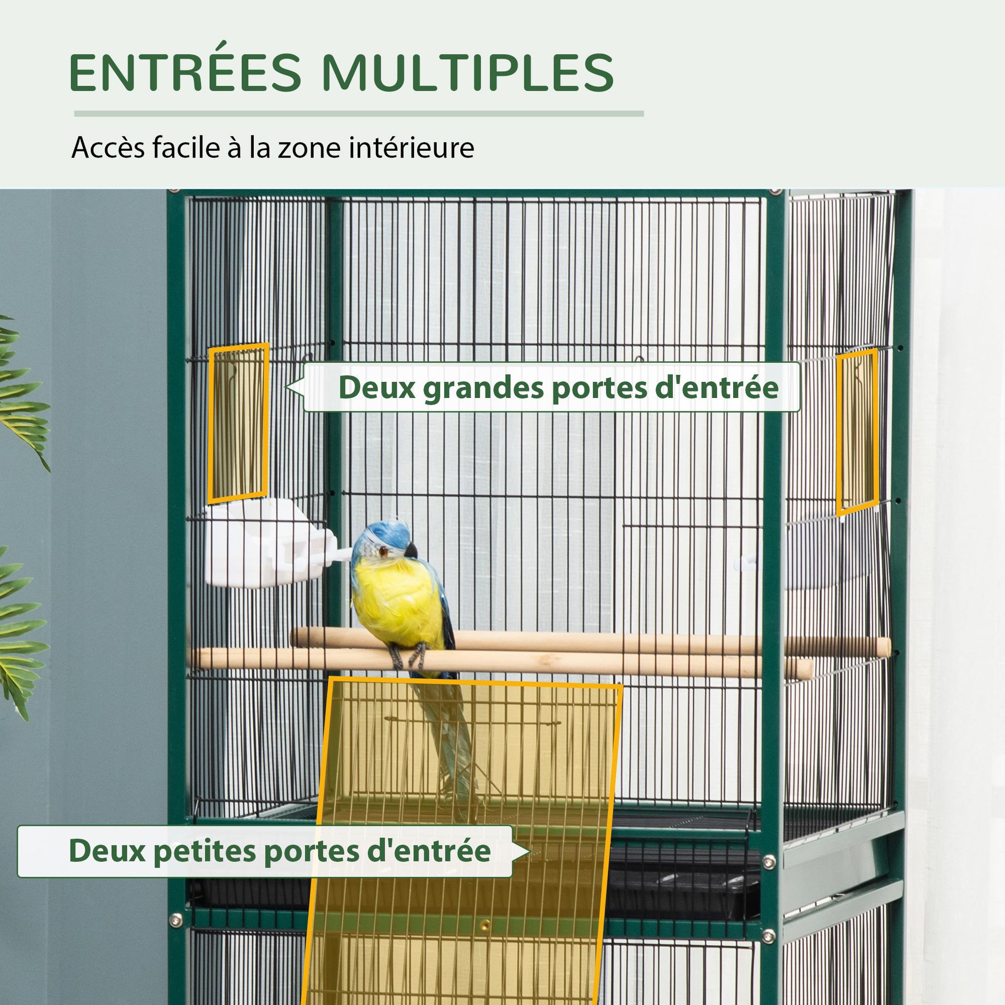 Voir la diapositive 5 : PAWHUT Grande cage à oiseaux sur pied à roulettes - volière double, mangeoires, perchoirs, plateau amovible - vert noir