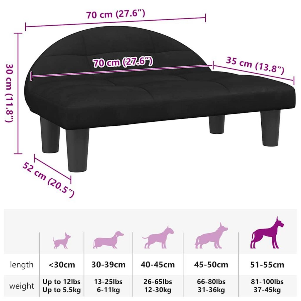VIDAXL Lit pour chien noir 70x52x30 cm velours