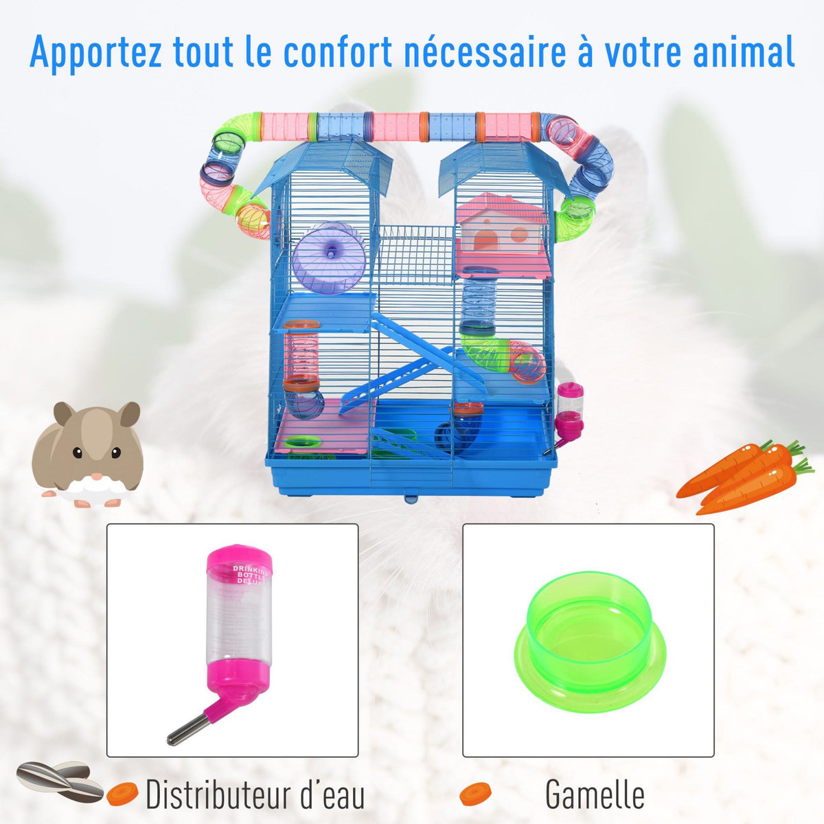 PAWHUT Cage pour Hamster Souris Petit Animaux Rongeur avec Tunnel Mangeoire Roue Jouet 47 x 30 x 59 cm cm Bleu