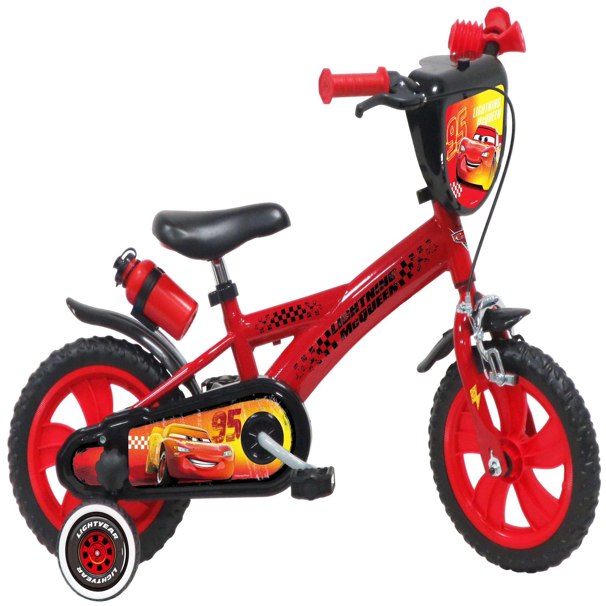 Voir la diapositive 1 : Disney Cars Vélo enfant - Modèle 12'' Cars pour enfant de 85/100 cm avec stabilisateurs - Plaque décorative avant - Porte bidon - 1 frein et roues batons