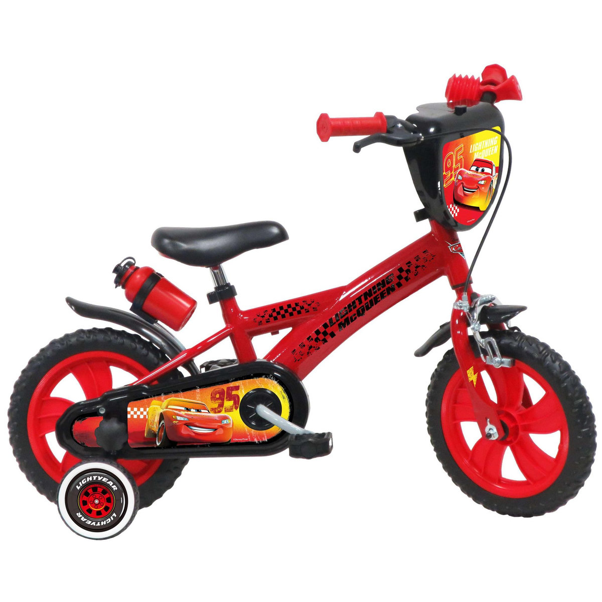 Disney Cars Vélo enfant - Modèle 12'' Cars pour enfant de 85/100 cm avec stabilisateurs - Plaque décorative avant - Porte bidon - 1 frein et roues batons