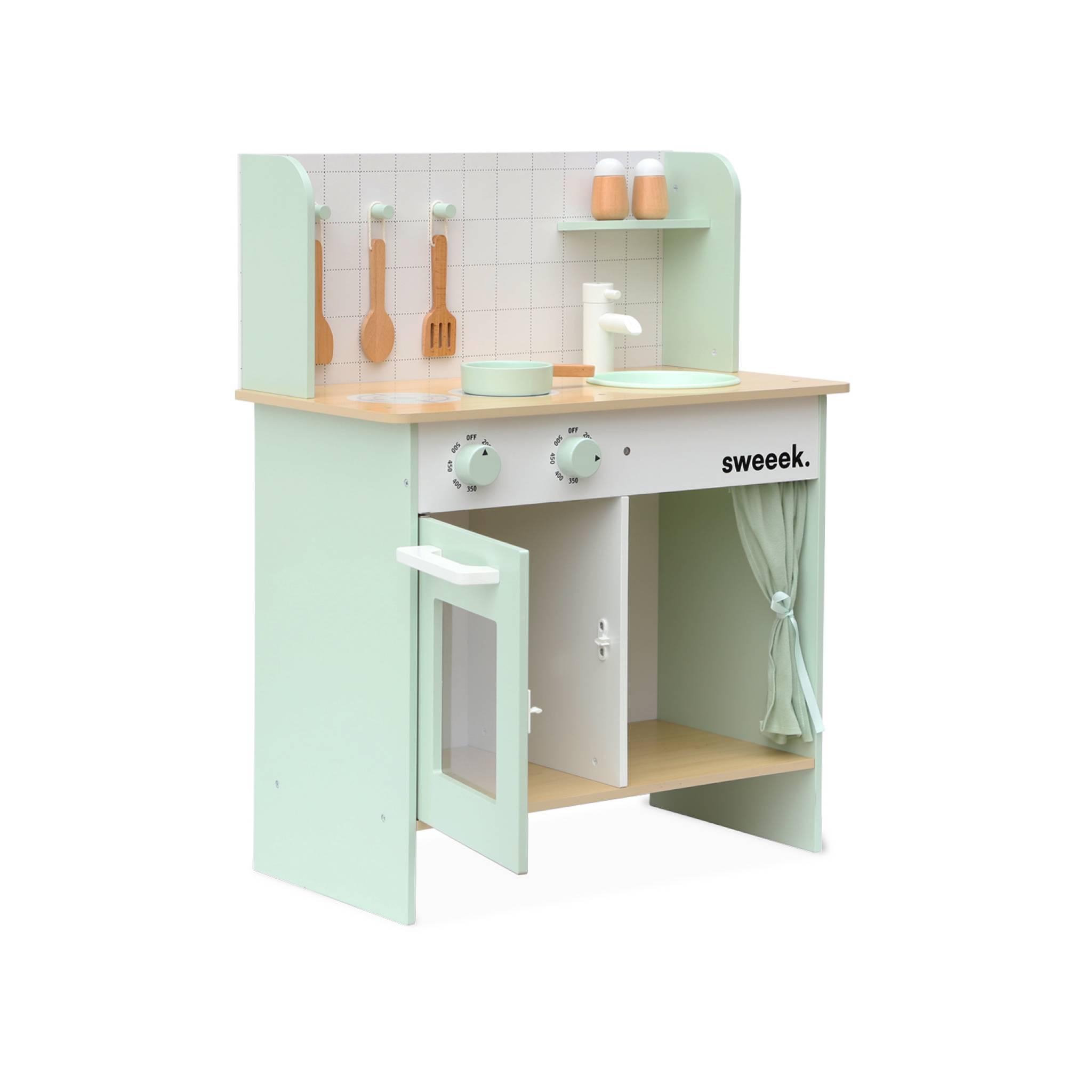 Voir la diapositive 5 : SWEEEK Cuisine en bois vert céladon cocotte pour enfant avec accessoires