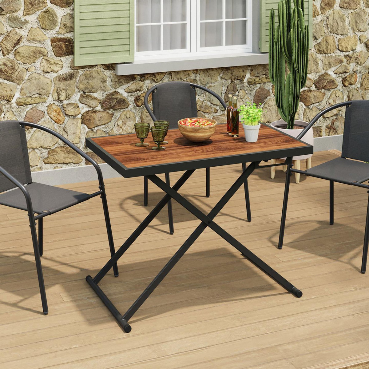 ID MARKET Table de jardin à hauteur réglable 3 positions OLIE 100 cm en métal noir et plateau bois