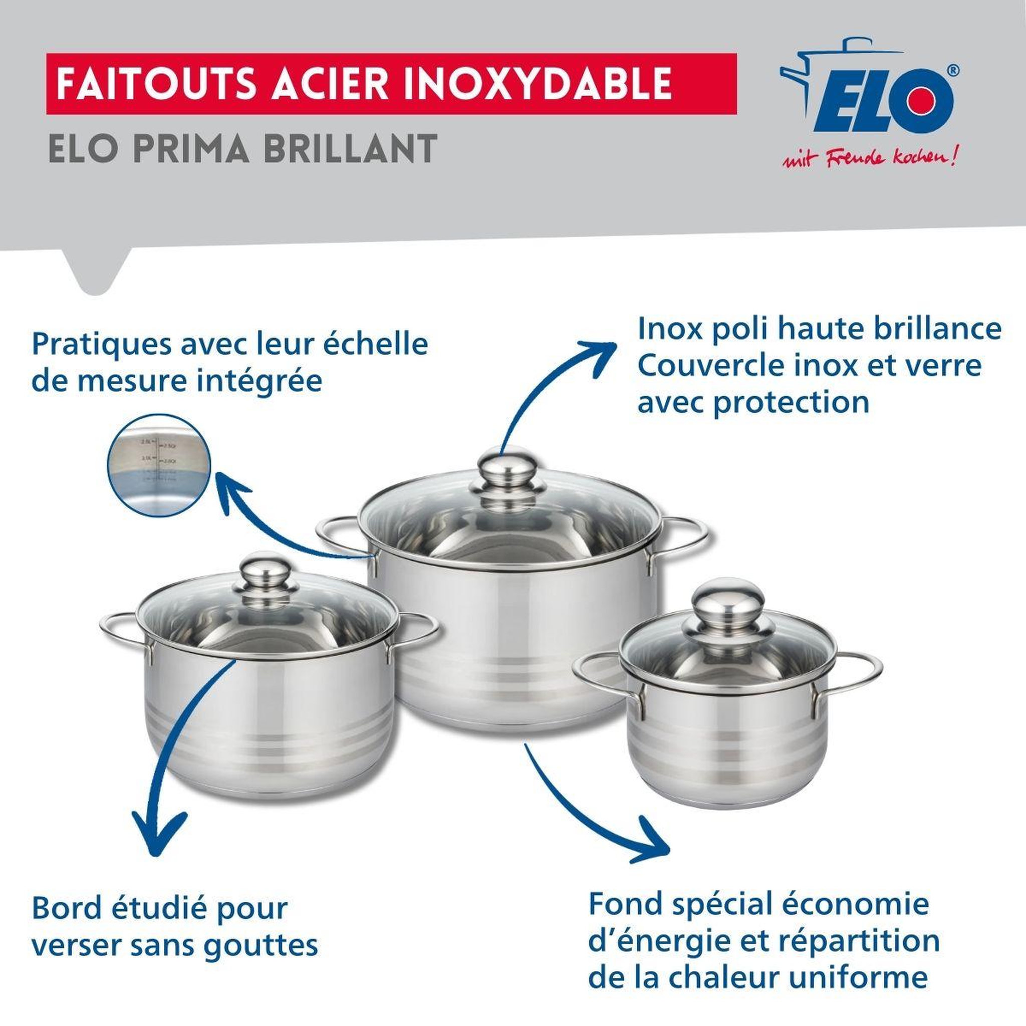 Voir la diapositive 3 : ELO Ensemble de 1 poêle de cuisson 24 cm et 3 faitouts 16, 20 et 24 cm elo prima brillant