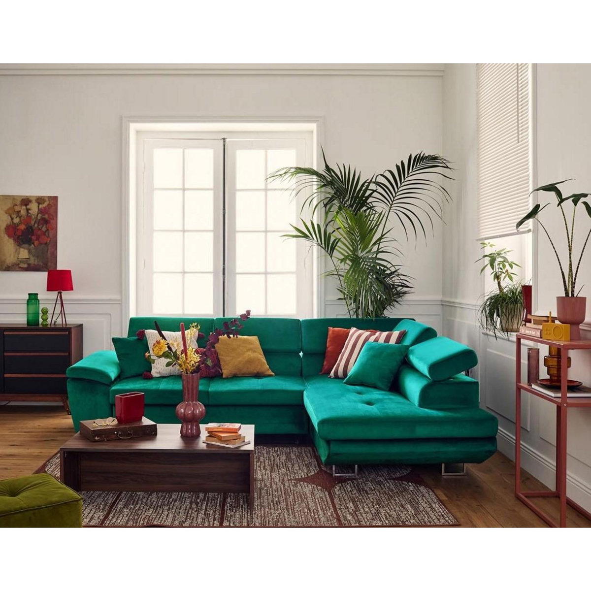 BEST MOBILIER Dimas - canapé d'angle droit 5 places - convertible avec coffre et têtières réglables - en velours