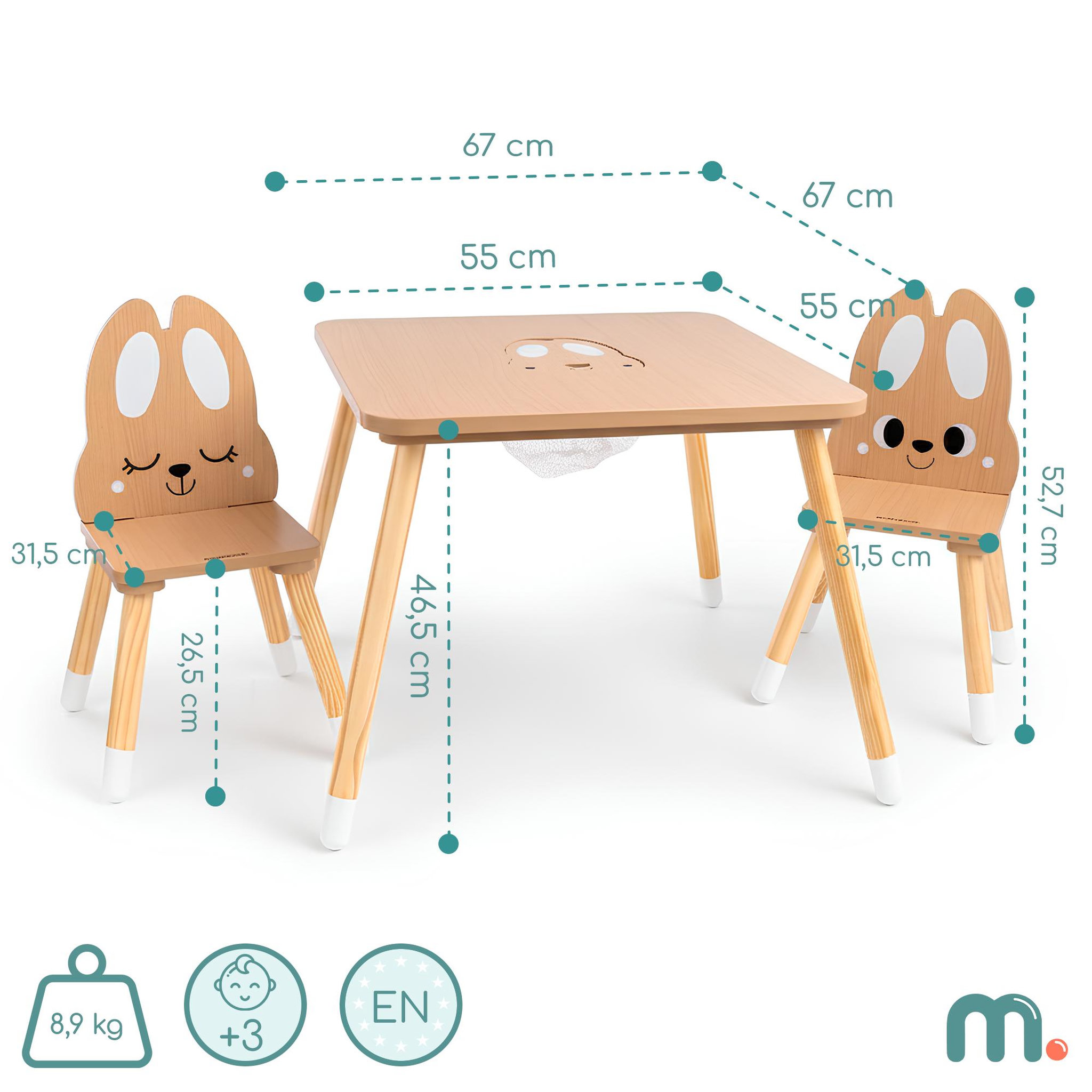 Voir la diapositive 4 : MAMABRUM Table Enfant Bois avec Rangement + 2 Chaises Lapin – Bureau Enfant avec Coffre Jouets