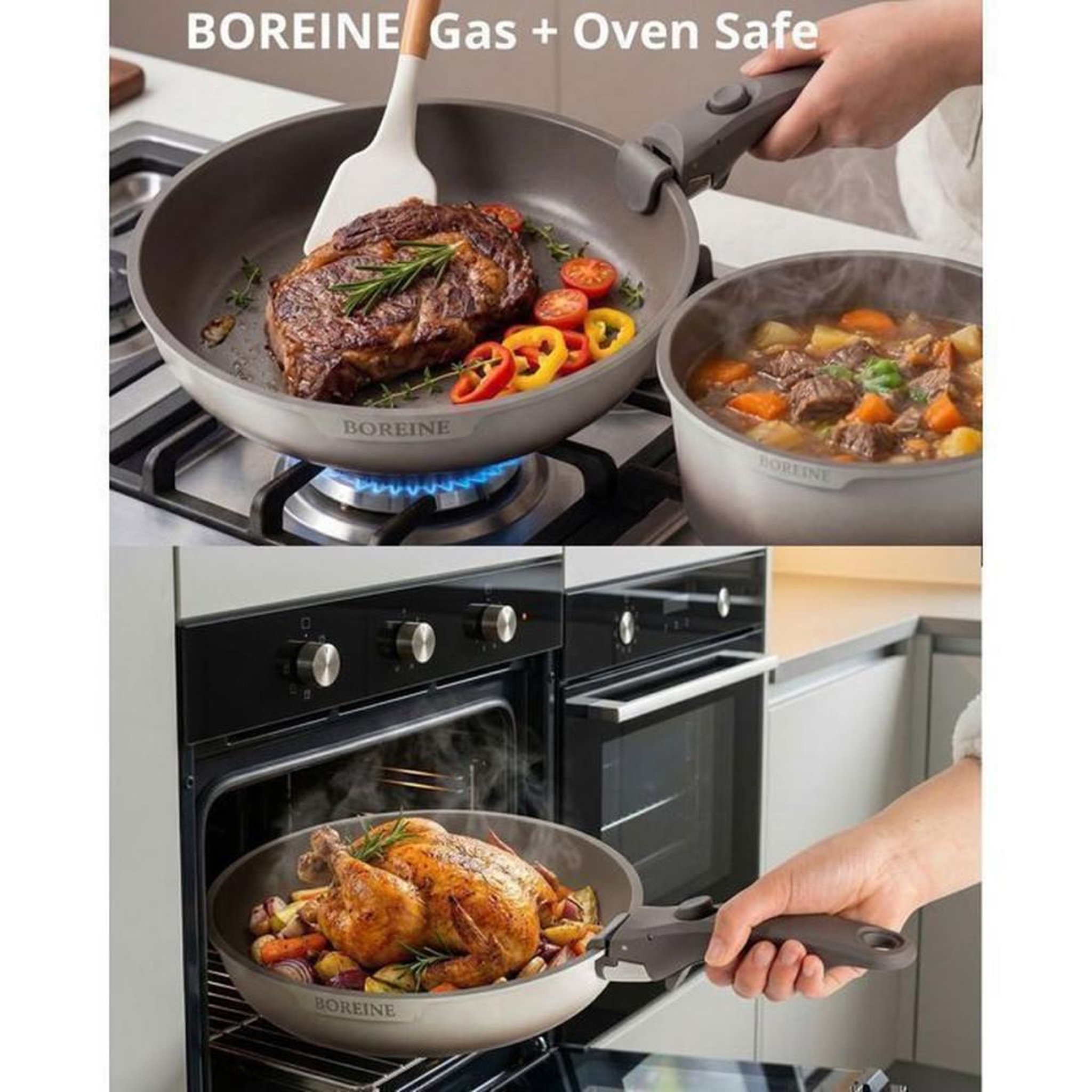 Voir la diapositive 5 : Set de casseroles et poêles antiadhésives 7 pièces avec poignées amovibles, couvercle silicone, compatible induction