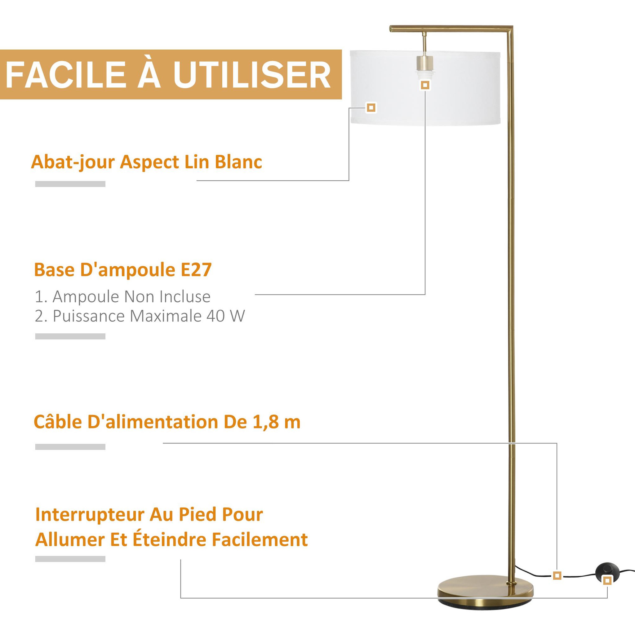 Voir la diapositive 6 : HOMCOM Lampadaire design néo-rétro max. 40 w 153h cm abat-jour circulaire aspect lin blanc piètement structure métal doré