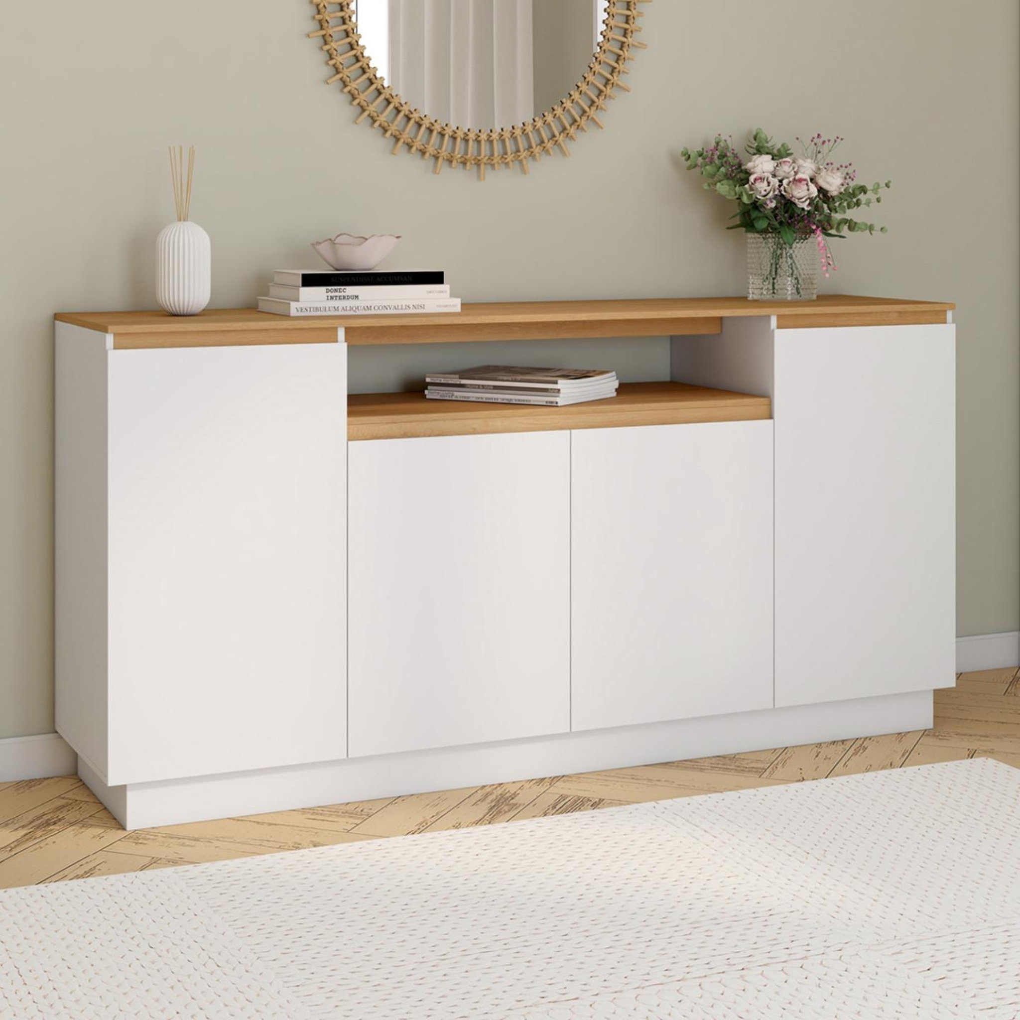 Voir la diapositive 2 : ID MARKET Buffet 160 cm serena 4 portes avec niche centrale blanc et plateau effet bois