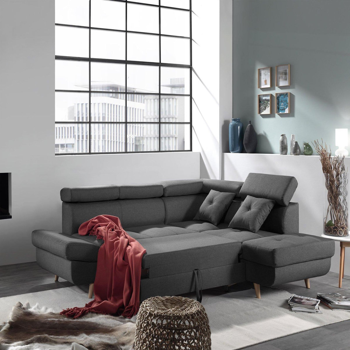 BEST MOBILIER Linea - canapé d'angle droit convertible - 5 places - avec têtières