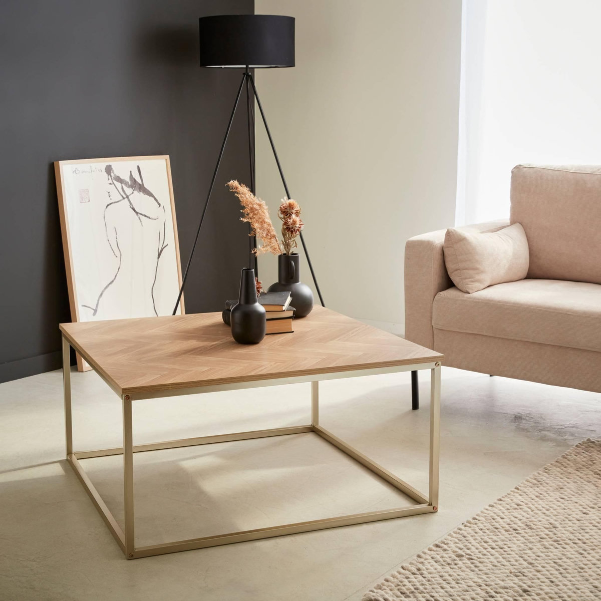 SWEEEK Table basse. Budapest. décor chevrons. structure métal. L 80 x l 80 x H 40cm