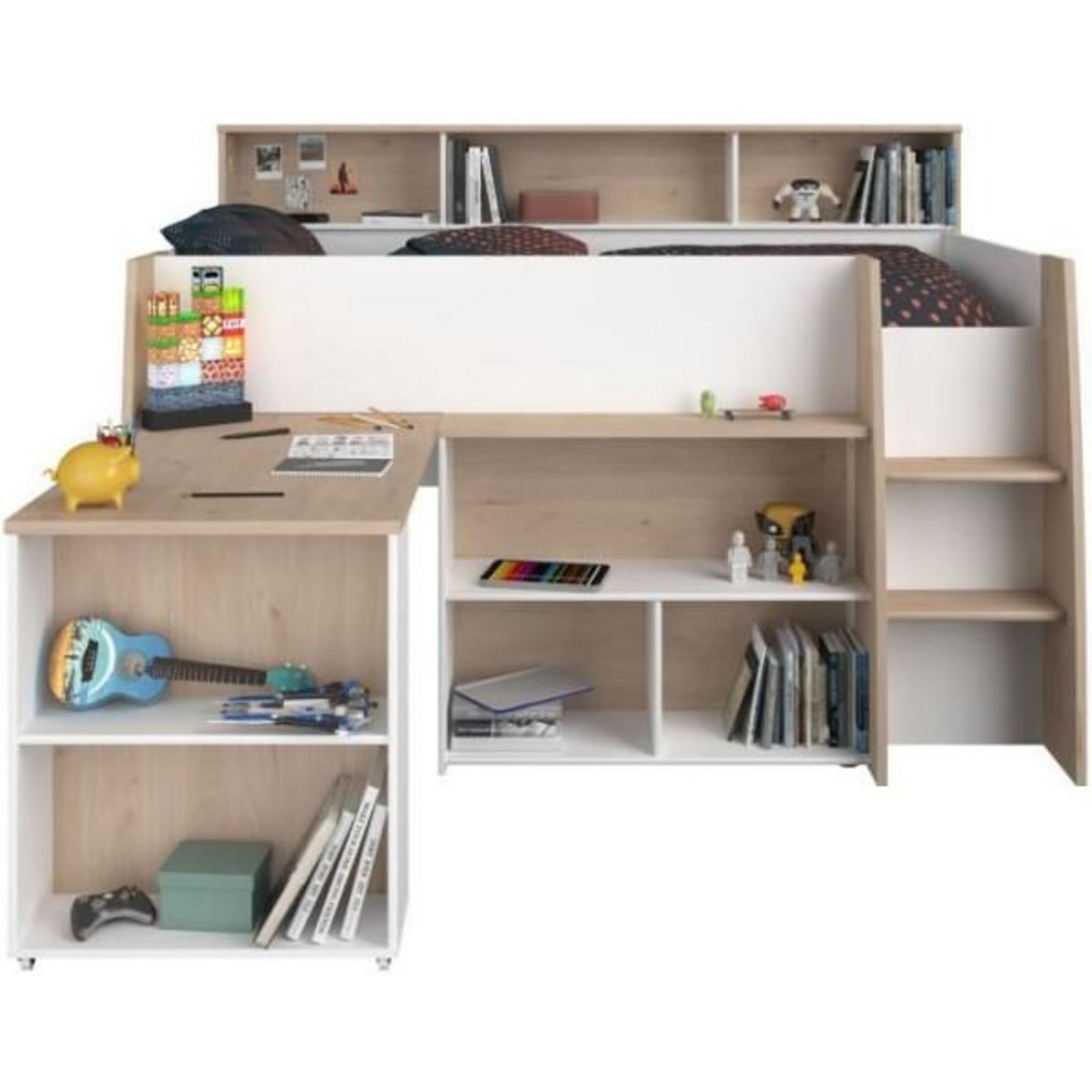 PARISOT PARISOT Lit combiné enfant avec bureau rétractable - Décor blanc et chene - 90x 200 cm - Sommier inclus -THEO