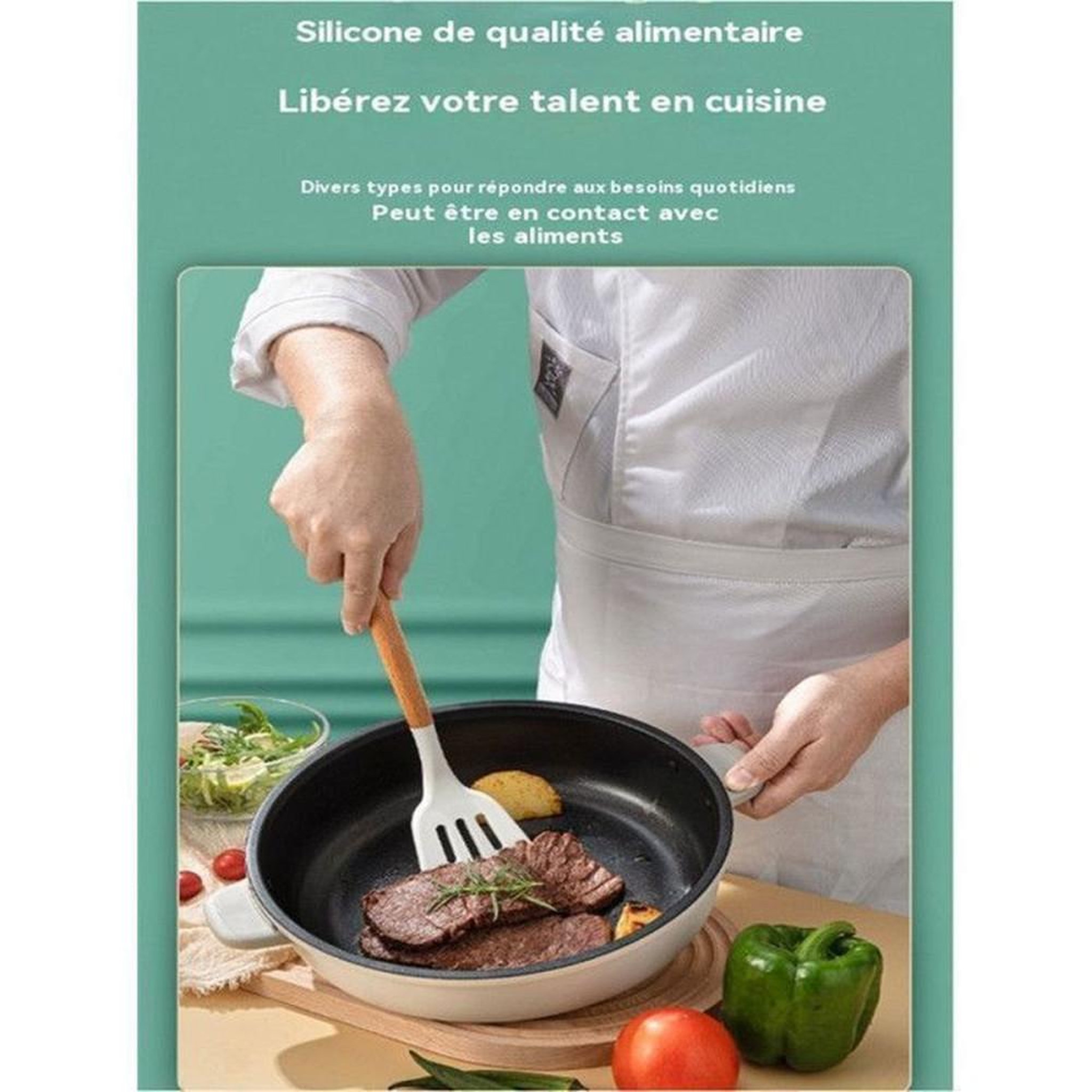 Voir la diapositive 5 : Set d'ustensiles de cuisine en silicone alimentaire 14 pièces blanc, antiadhésifs, résistance 250°C, compatible lave-vaisselle