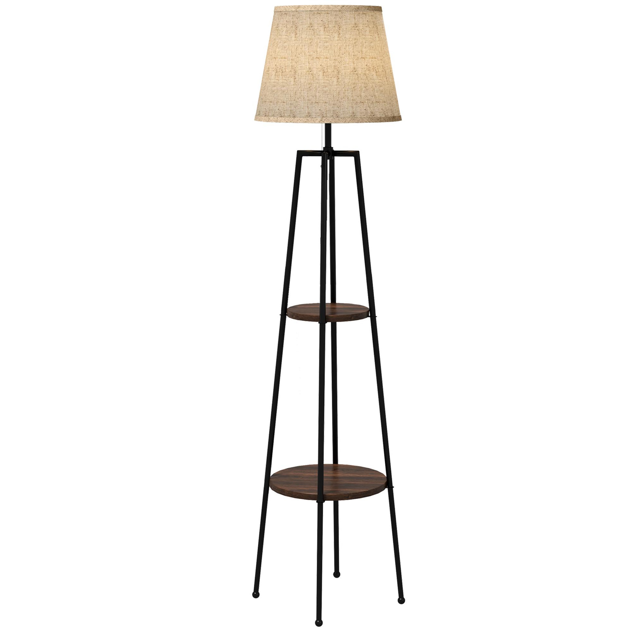 HOMCOM Lampadaire design contemporain 2 étagères intégrées 40 W 166H cm métal noir MDF aspect bois de noyer tissu beige
