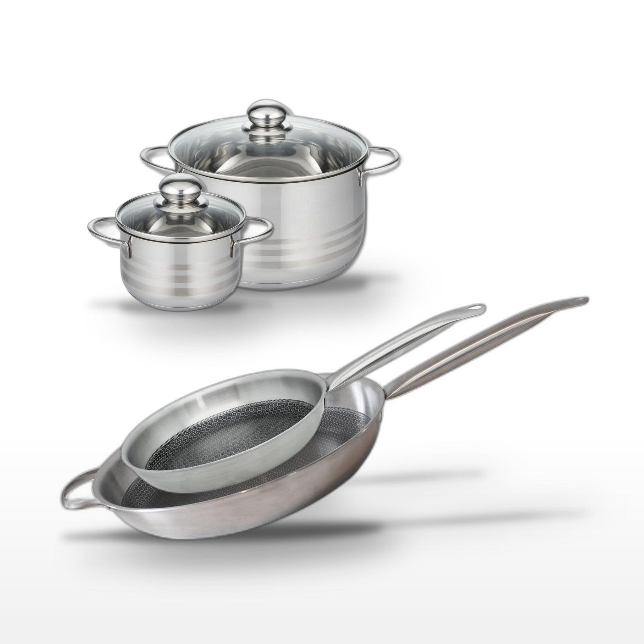 ELO Batterie de cuisine avec 2 faitouts 14/24 cm et 2 poêles de cuisson 28/32 cm en inox et aluminium sans pfas elo collection relief solution brillant