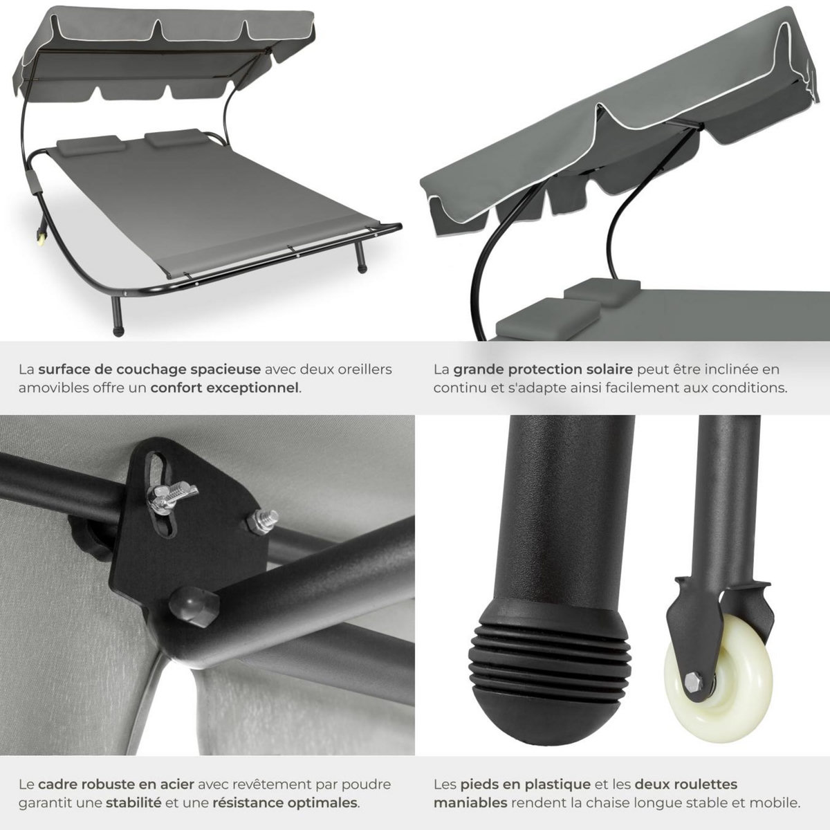 tectake Transat en acier pour 2 personnes noir/gris