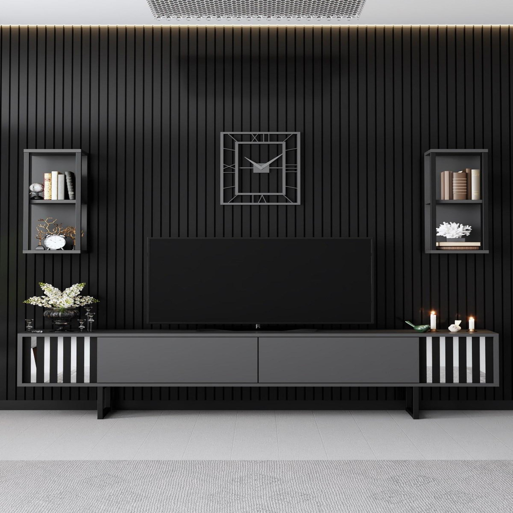 Voir la diapositive 3 : Habitat et Jardin Meuble tv en bois  chrome line  - 180 x 30 x 48 cm - anthracitenoir