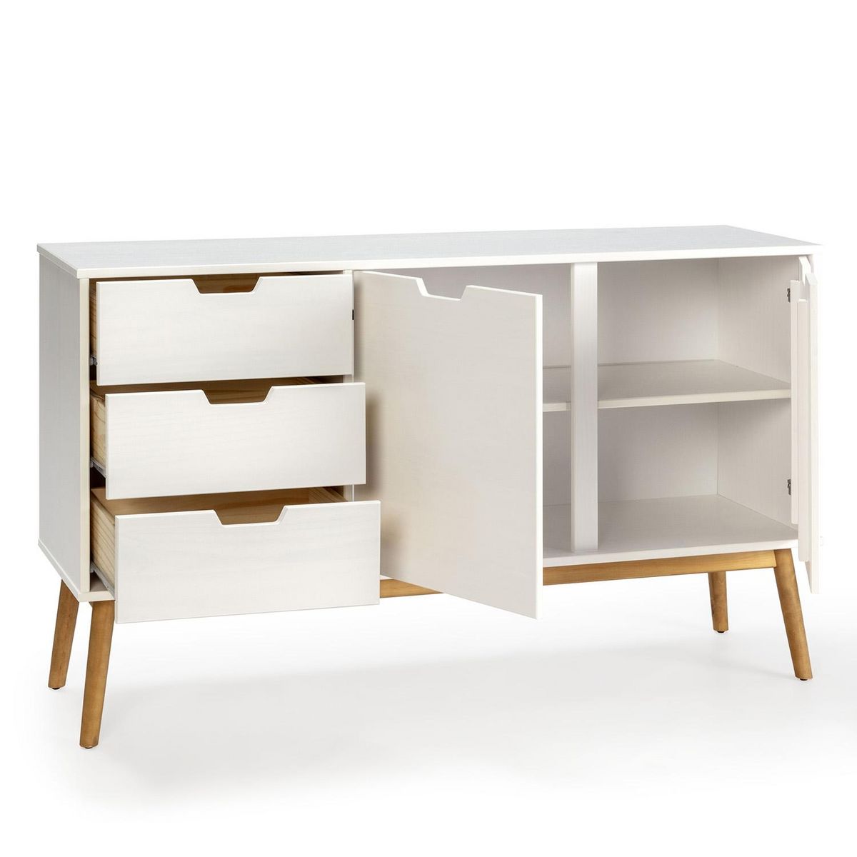 VS VENTA-STOCK Buffet Baku 3 tiroir y 2 porte blanc, pin massif, longueur 140 cm