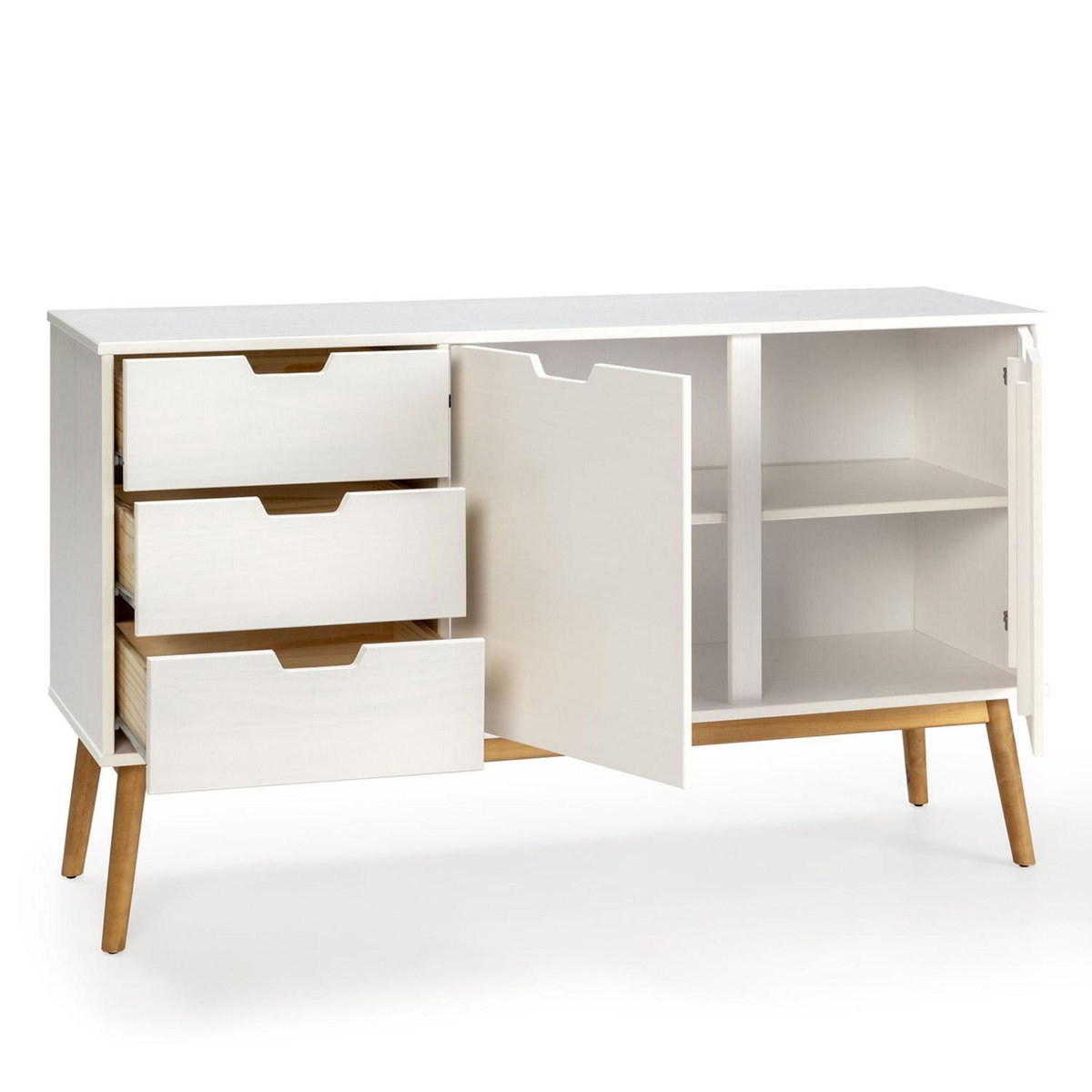 VS VENTA-STOCK Buffet Baku 3 tiroir y 2 porte blanc, pin massif, longueur 140 cm